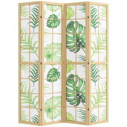 4-Panel Folding Room Divider, 63 x 67 in — Pine Frame Privacy Screen with Palm Leaf Print, Free-Standing Partition (Natural Wood & Green)