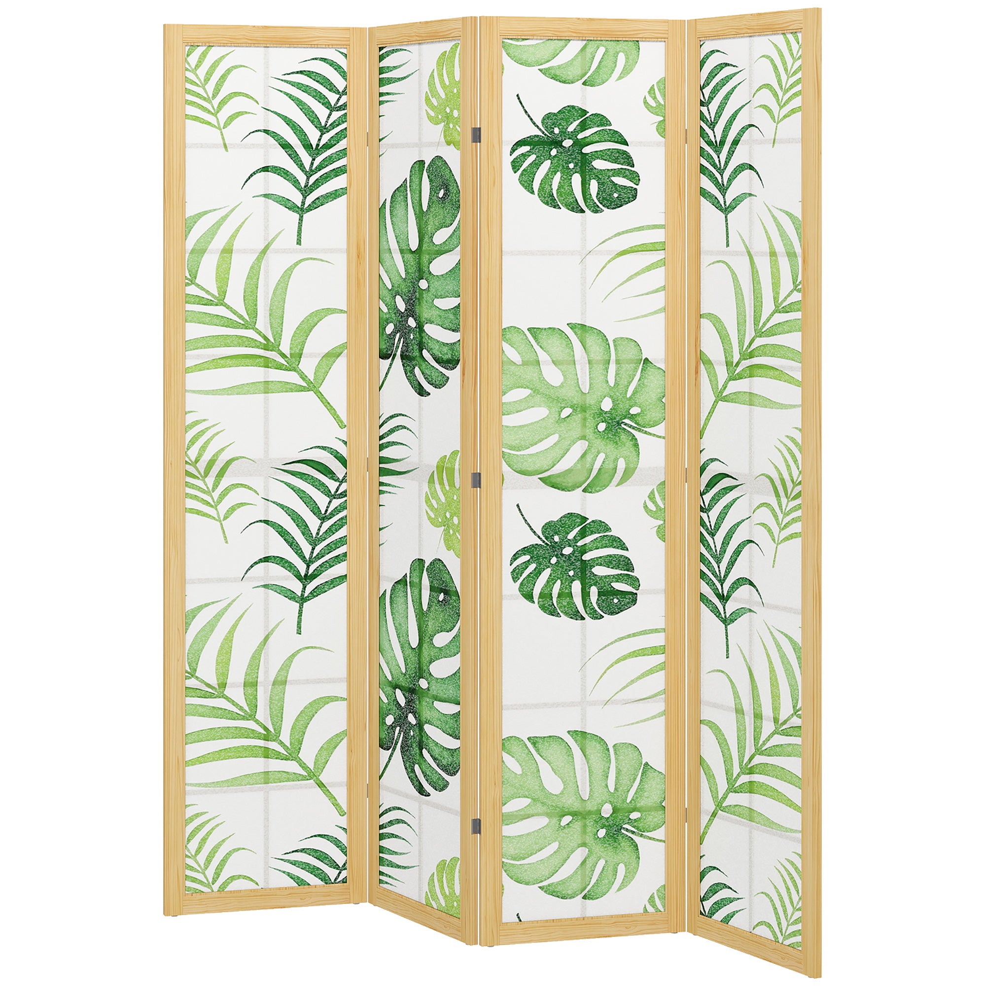 4-Panel Folding Room Divider, 63 x 67 in — Pine Frame Privacy Screen with Palm Leaf Print, Free-Standing Partition (Natural Wood & Green)