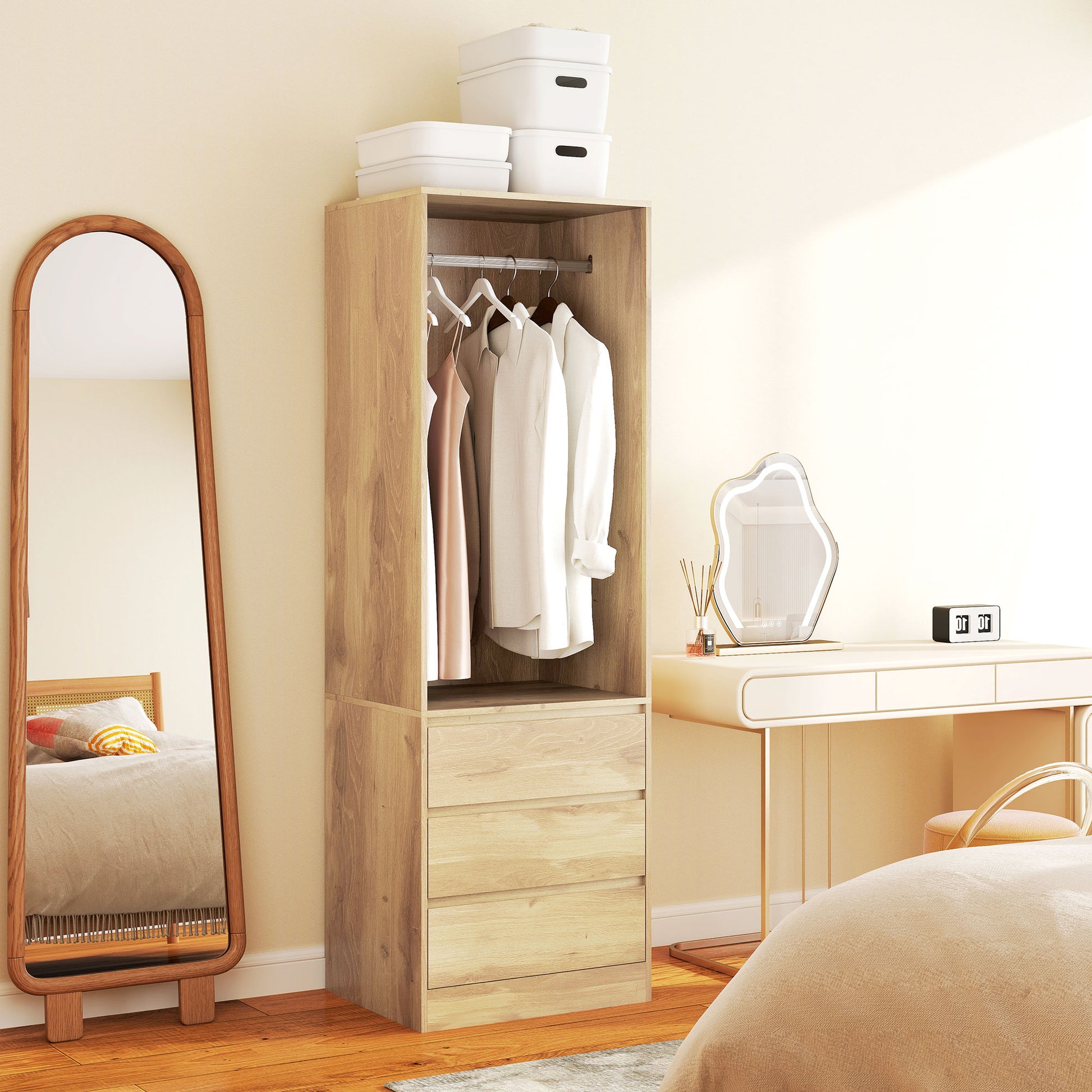 Space-Saving Wardrobe Closet with Hanging Rod, Open Shelf, and 3 Drawers, Bedroom Wardrobe, Closet Organizer, 60x48.5x185 cm, Teak Color