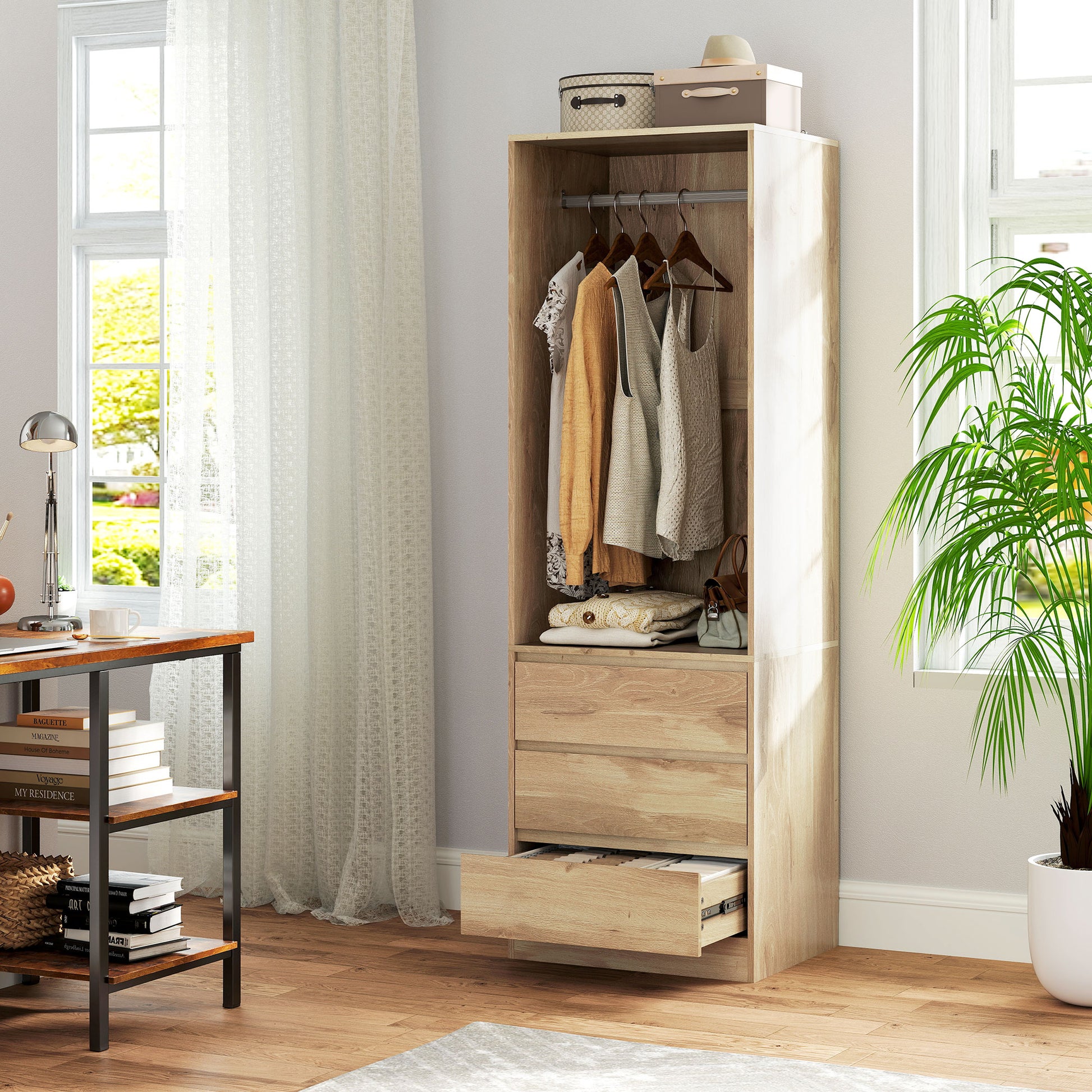 Space-Saving Wardrobe Closet with Hanging Rod, Open Shelf, and 3 Drawers, Bedroom Wardrobe, Closet Organizer, 60x48.5x185 cm, Teak Color