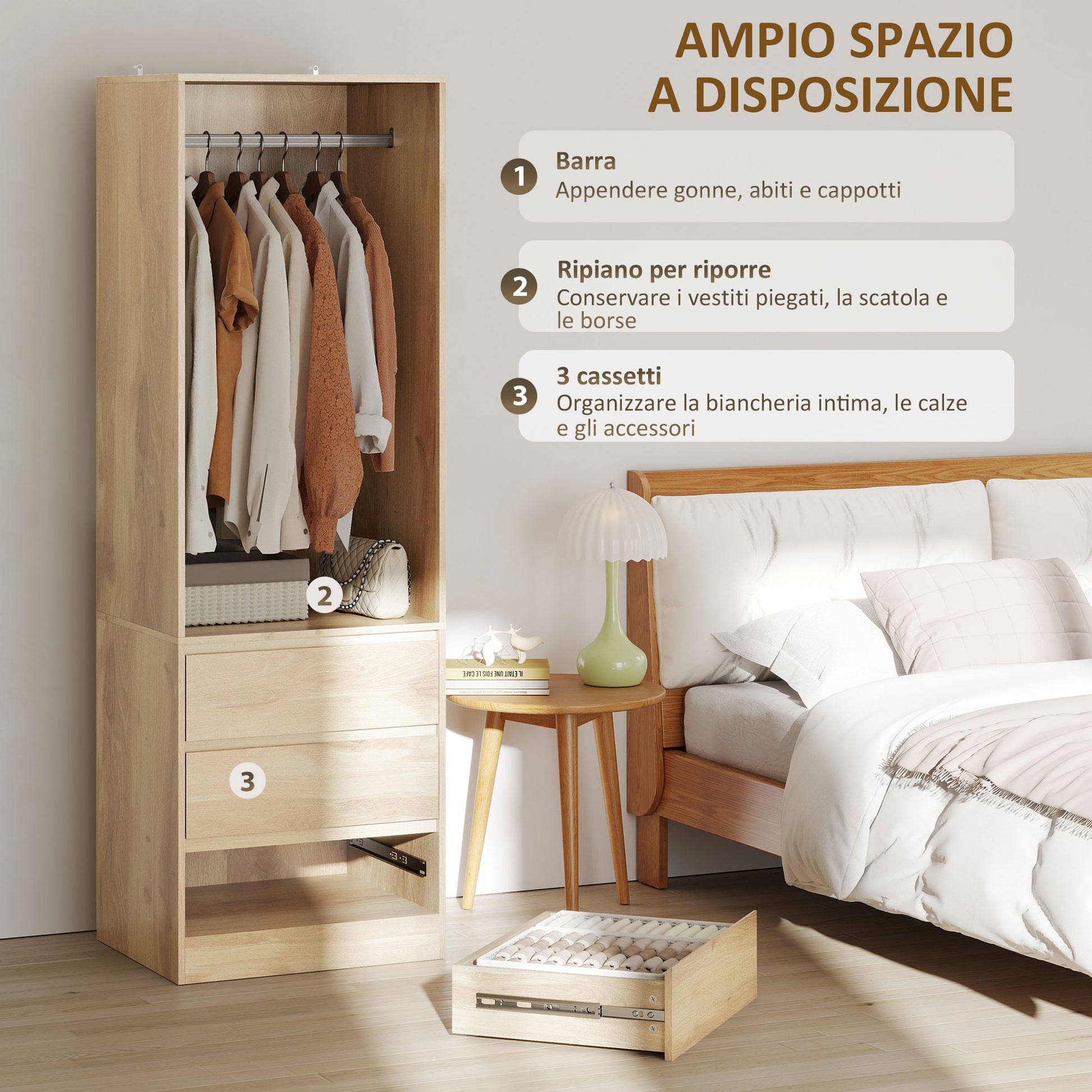 Space-Saving Wardrobe Closet with Hanging Rod, Open Shelf, and 3 Drawers, Bedroom Wardrobe, Closet Organizer, 60x48.5x185 cm, Teak Color