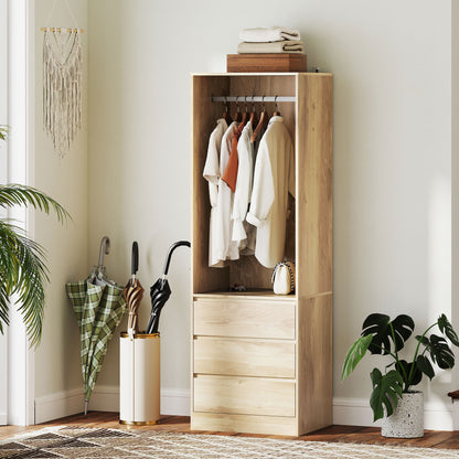 Space-Saving Wardrobe Closet with Hanging Rod, Open Shelf, and 3 Drawers, Bedroom Wardrobe, Closet Organizer, 60x48.5x185 cm, Teak Color