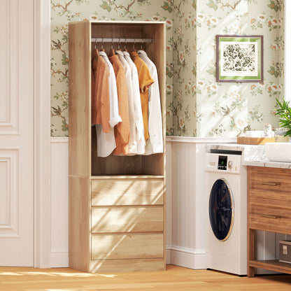 Space-Saving Wardrobe Closet with Hanging Rod, Open Shelf, and 3 Drawers, Bedroom Wardrobe, Closet Organizer, 60x48.5x185 cm, Teak Color