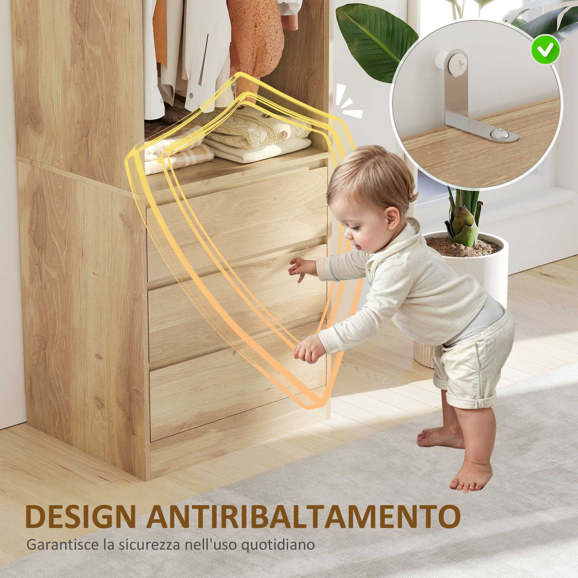 Space-Saving Wardrobe Closet with Hanging Rod, Open Shelf, and 3 Drawers, Bedroom Wardrobe, Closet Organizer, 60x48.5x185 cm, Teak Color