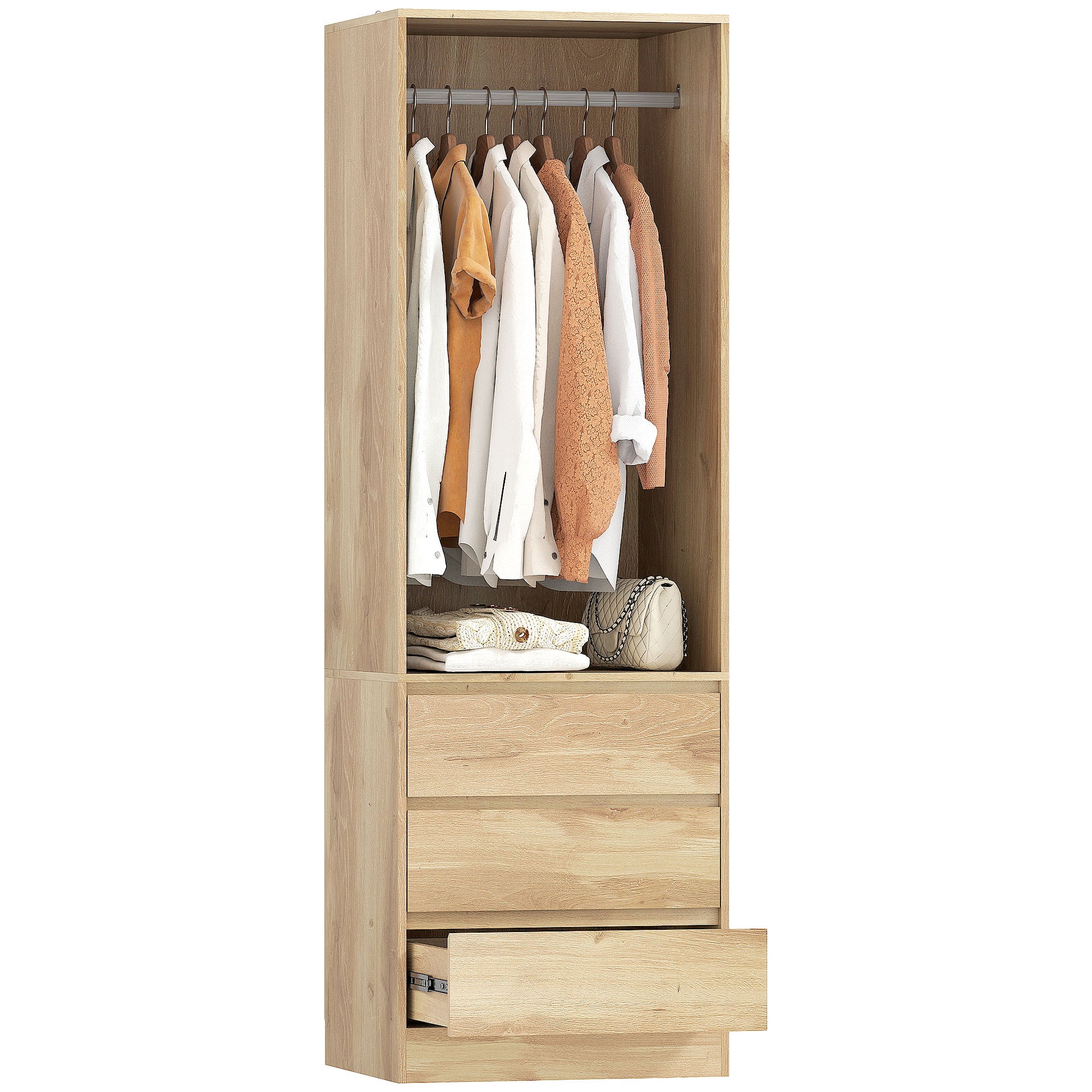 Space-Saving Wardrobe Closet with Hanging Rod, Open Shelf, and 3 Drawers, Bedroom Wardrobe, Closet Organizer, 60x48.5x185 cm, Teak Color
