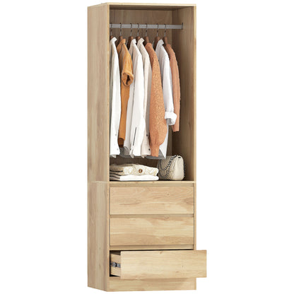 Space-Saving Wardrobe Closet with Hanging Rod, Open Shelf, and 3 Drawers, Bedroom Wardrobe, Closet Organizer, 60x48.5x185 cm, Teak Color
