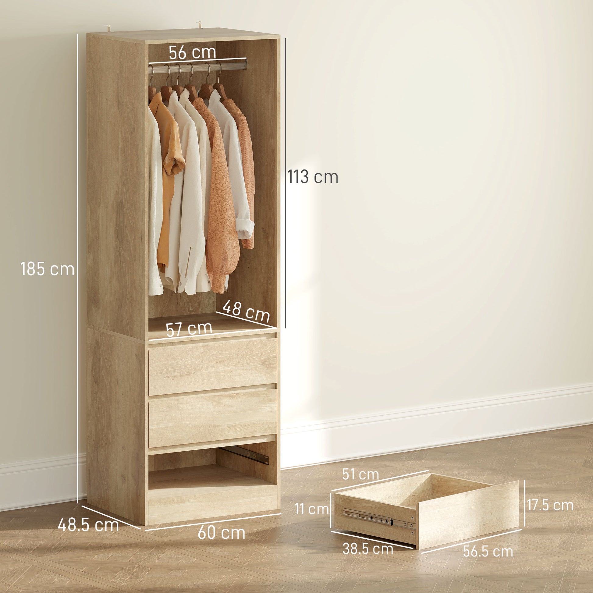 Space-Saving Wardrobe Closet with Hanging Rod, Open Shelf, and 3 Drawers, Bedroom Wardrobe, Closet Organizer, 60x48.5x185 cm, Teak Color