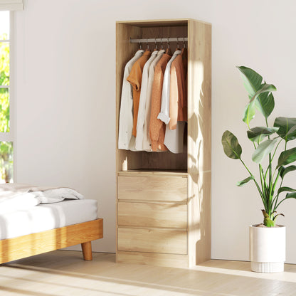 Space-Saving Wardrobe Closet with Hanging Rod, Open Shelf, and 3 Drawers, Bedroom Wardrobe, Closet Organizer, 60x48.5x185 cm, Teak Color