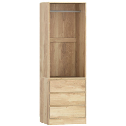 Space-Saving Wardrobe Closet with Hanging Rod, Open Shelf, and 3 Drawers, Bedroom Wardrobe, Closet Organizer, 60x48.5x185 cm, Teak Color