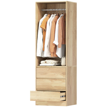 Space-Saving Wardrobe Closet with Hanging Rod, Open Shelf, and 3 Drawers, Bedroom Wardrobe, Closet Organizer, 60x48.5x185 cm, Teak Color