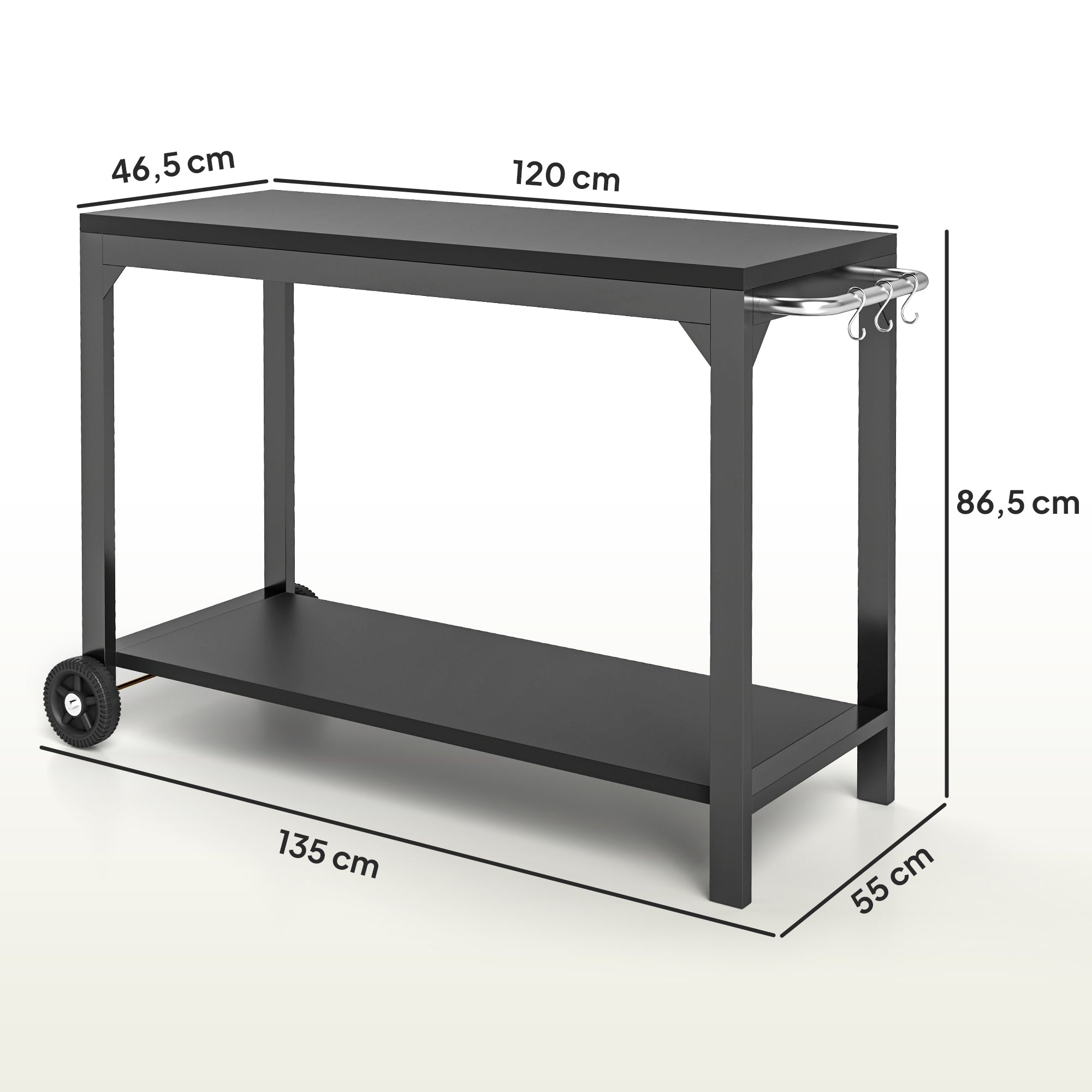 Steel Garden Trolley Plancha Cart Service Trolley with wheels Outdoor Trolley with worktop dim. 135L x 55W x 86.5H cm Black