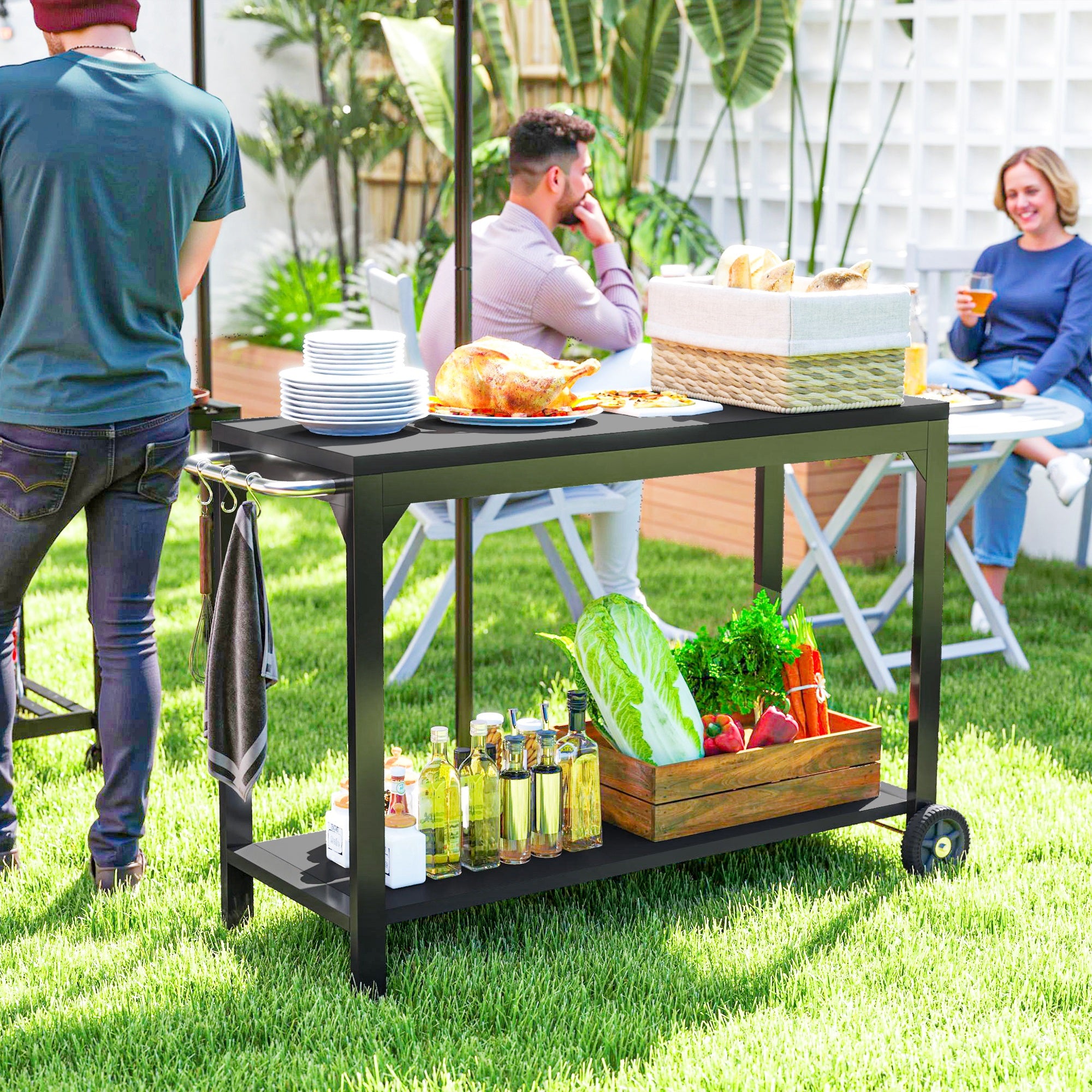 Steel Garden Trolley Plancha Cart Service Trolley with wheels Outdoor Trolley with worktop dim. 135L x 55W x 86.5H cm Black