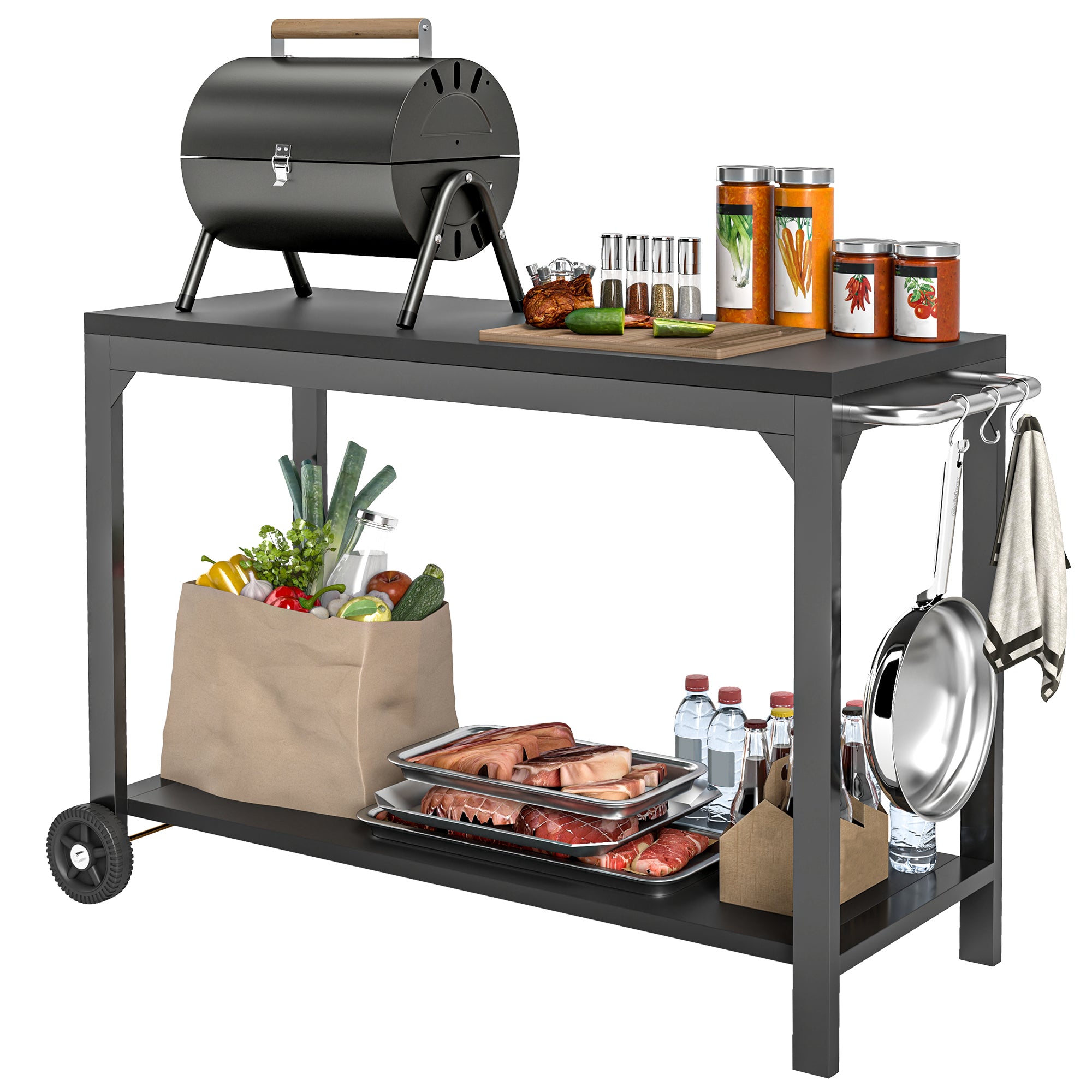 Steel Garden Trolley Plancha Cart Service Trolley with wheels Outdoor Trolley with worktop dim. 135L x 55W x 86.5H cm Black