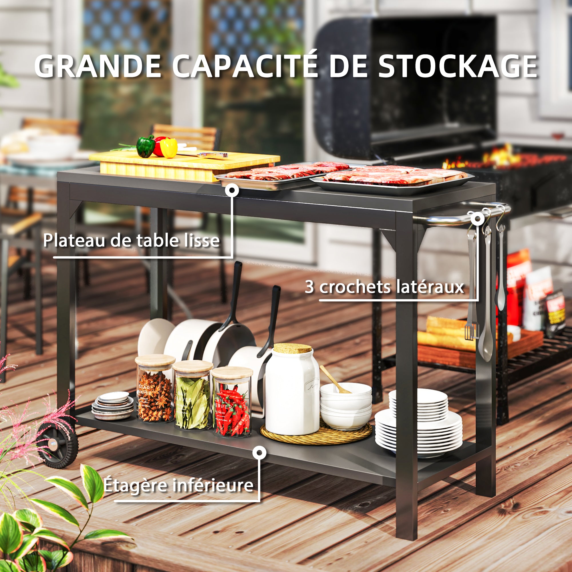 Steel Garden Trolley Plancha Cart Service Trolley with wheels Outdoor Trolley with worktop dim. 135L x 55W x 86.5H cm Black