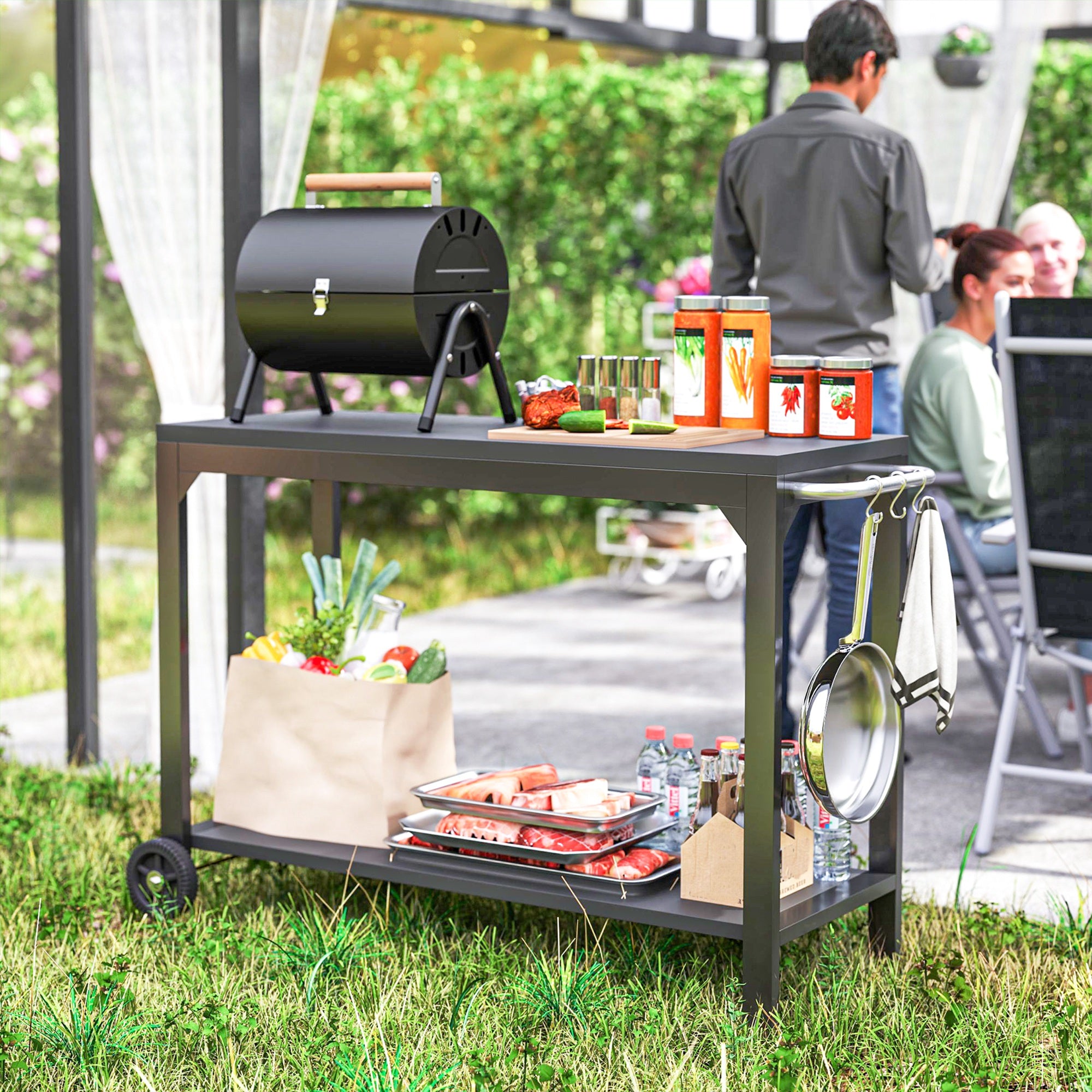 Steel Garden Trolley Plancha Cart Service Trolley with wheels Outdoor Trolley with worktop dim. 135L x 55W x 86.5H cm Black