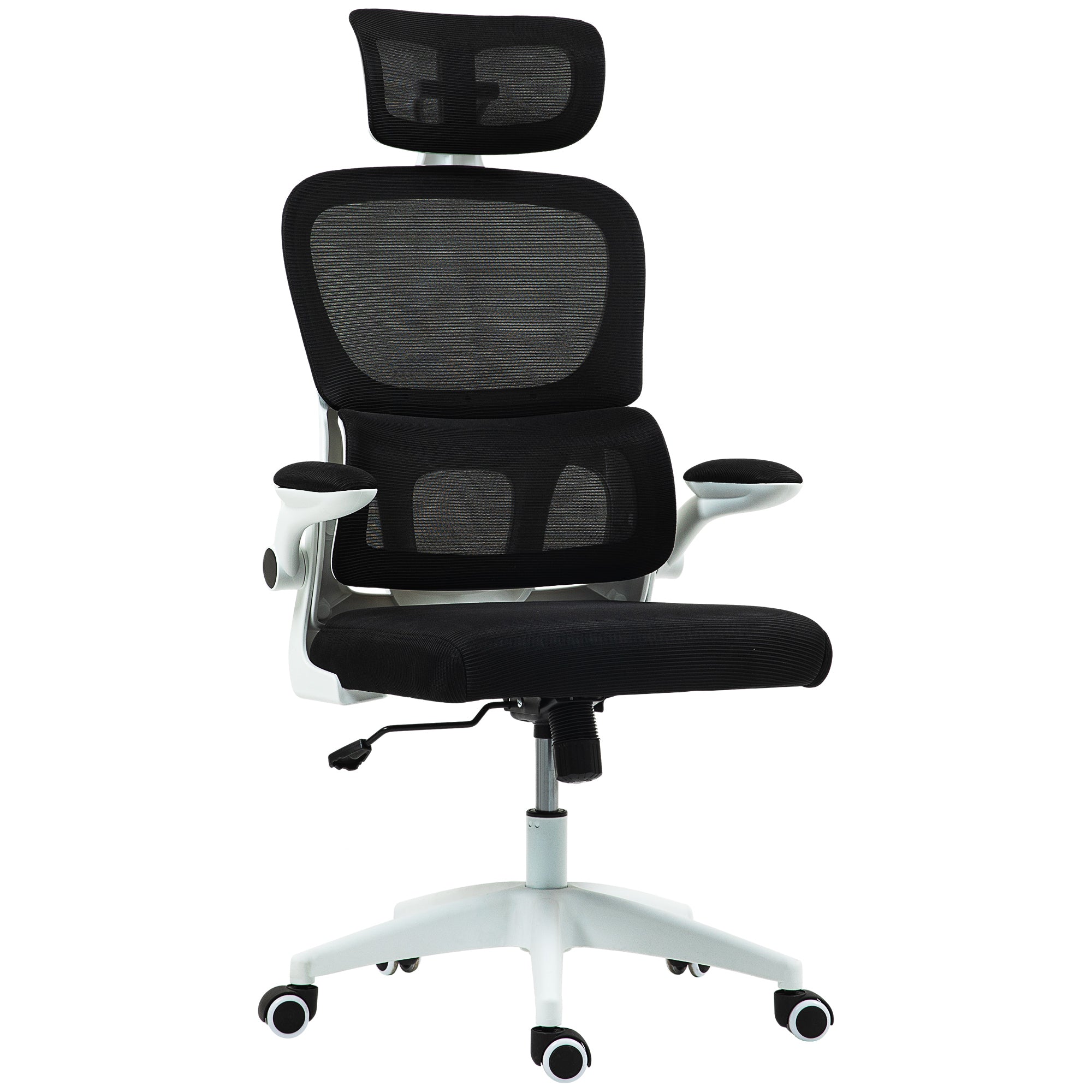 Ergonomic Office Chair with Flip-Up Armrests and Headrest, Swivel Desk Chair with Adjustable Height, Lumbar Support, and Rocking Function in Mesh Fabric for Study, Black
