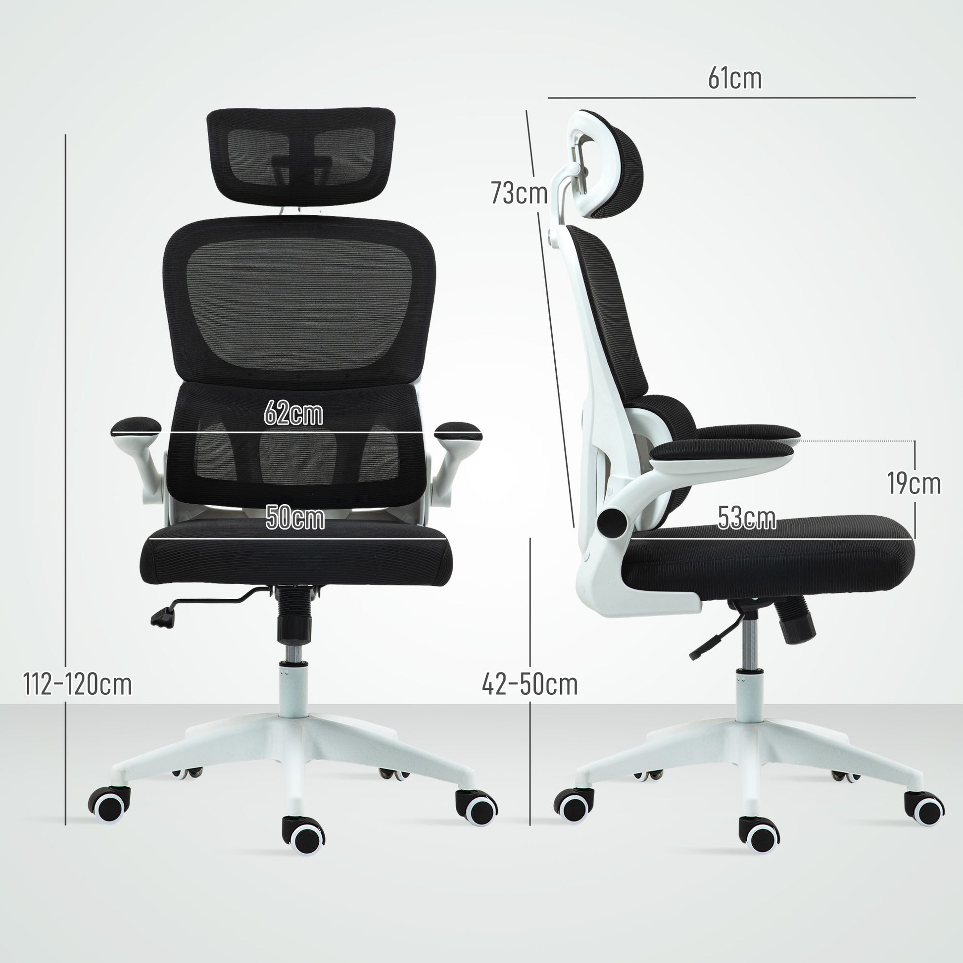 Ergonomic Office Chair with Flip-Up Armrests and Headrest, Swivel Desk Chair with Adjustable Height, Lumbar Support, and Rocking Function in Mesh Fabric for Study, Black
