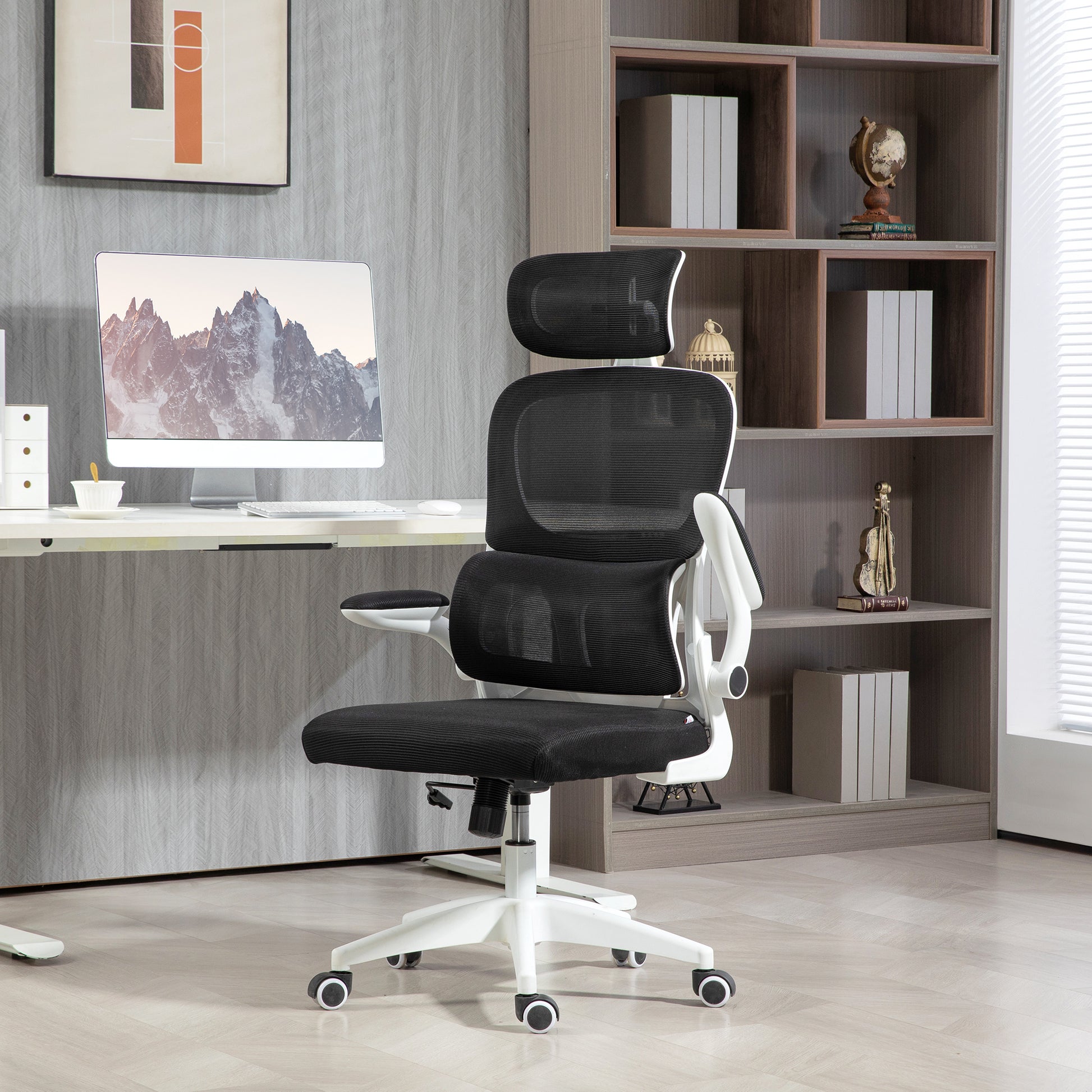 Ergonomic Office Chair with Flip-Up Armrests and Headrest, Swivel Desk Chair with Adjustable Height, Lumbar Support, and Rocking Function in Mesh Fabric for Study, Black