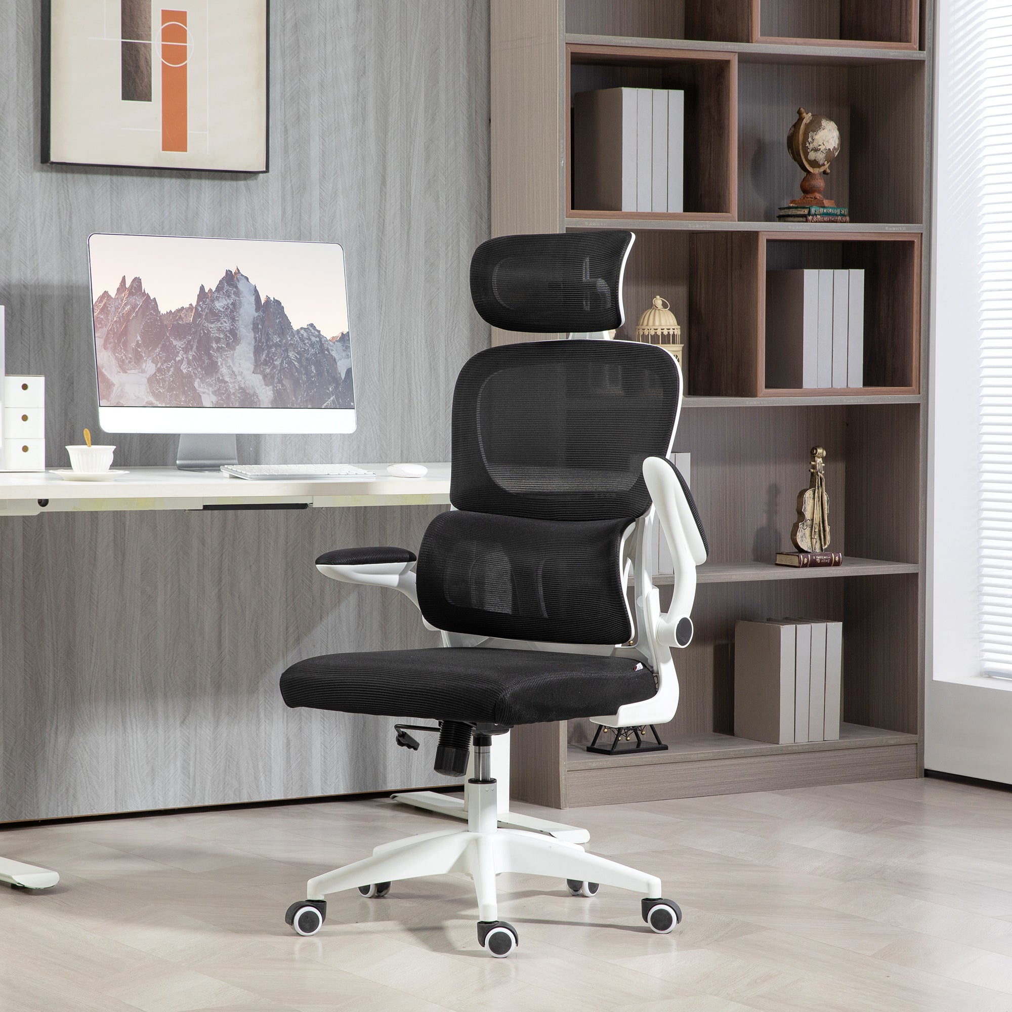 Ergonomic Office Chair with Flip-Up Armrests and Headrest, Swivel Desk Chair with Adjustable Height, Lumbar Support, and Rocking Function in Mesh Fabric for Study, Black