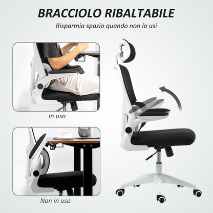 Ergonomic Office Chair with Flip-Up Armrests and Headrest, Swivel Desk Chair with Adjustable Height, Lumbar Support, and Rocking Function in Mesh Fabric for Study, Black