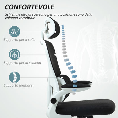 Ergonomic Office Chair with Flip-Up Armrests and Headrest, Swivel Desk Chair with Adjustable Height, Lumbar Support, and Rocking Function in Mesh Fabric for Study, Black