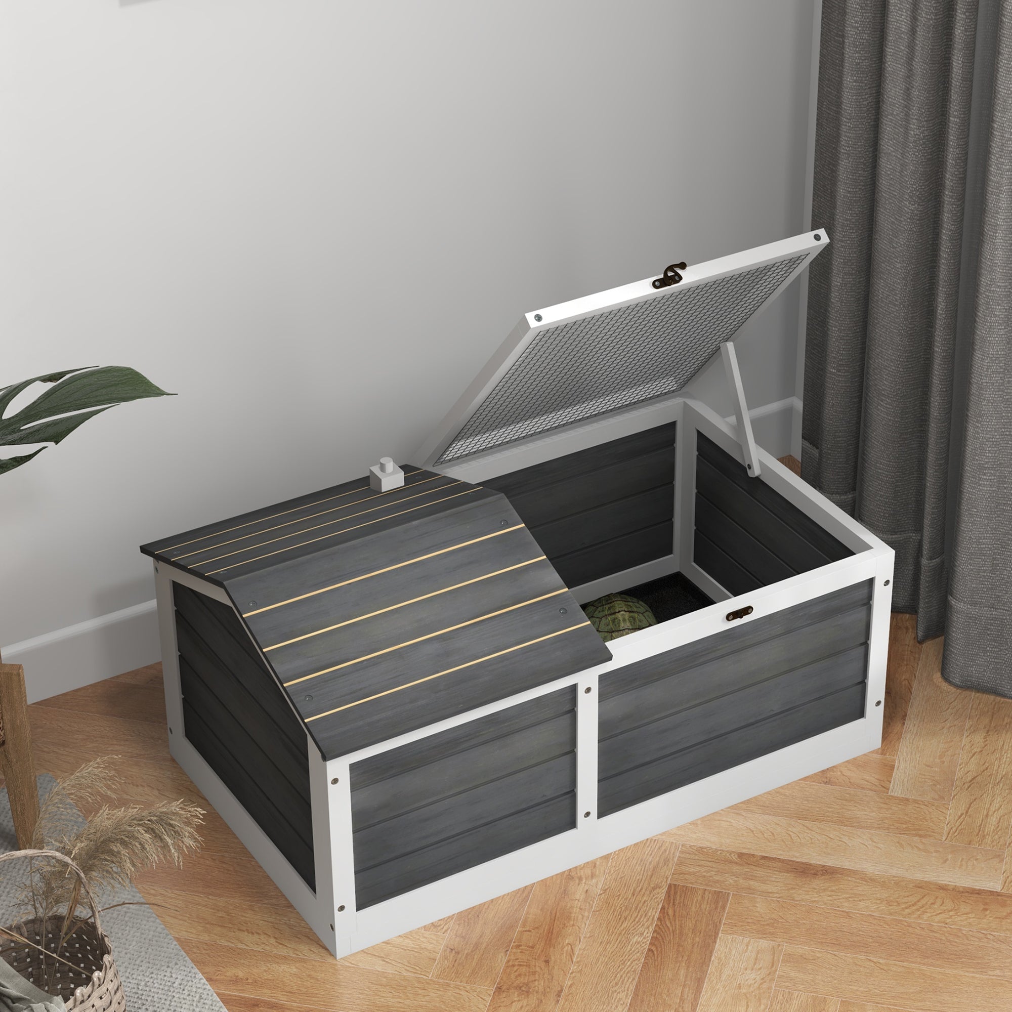 Wooden Enclosure Cage House for Small Pet Turtle with 2 Spaces 86 x 54 x 43 cm - Pine Wood