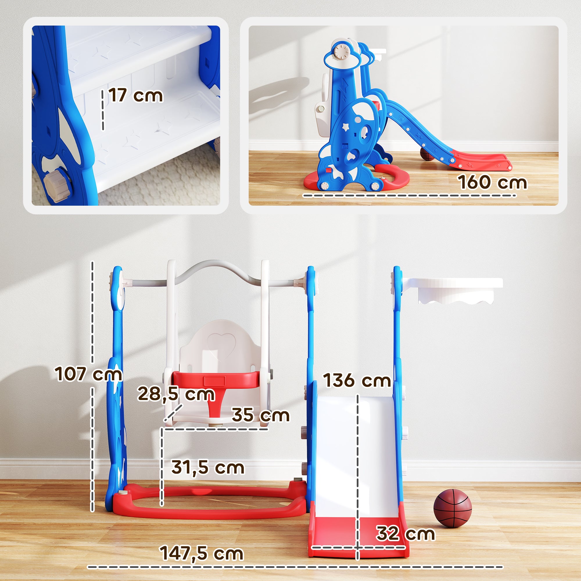 Kids Slide 4 in 1 Indoor Playground with Swing and Slide Climber Basketball Hoop Rocket Theme Multicolor