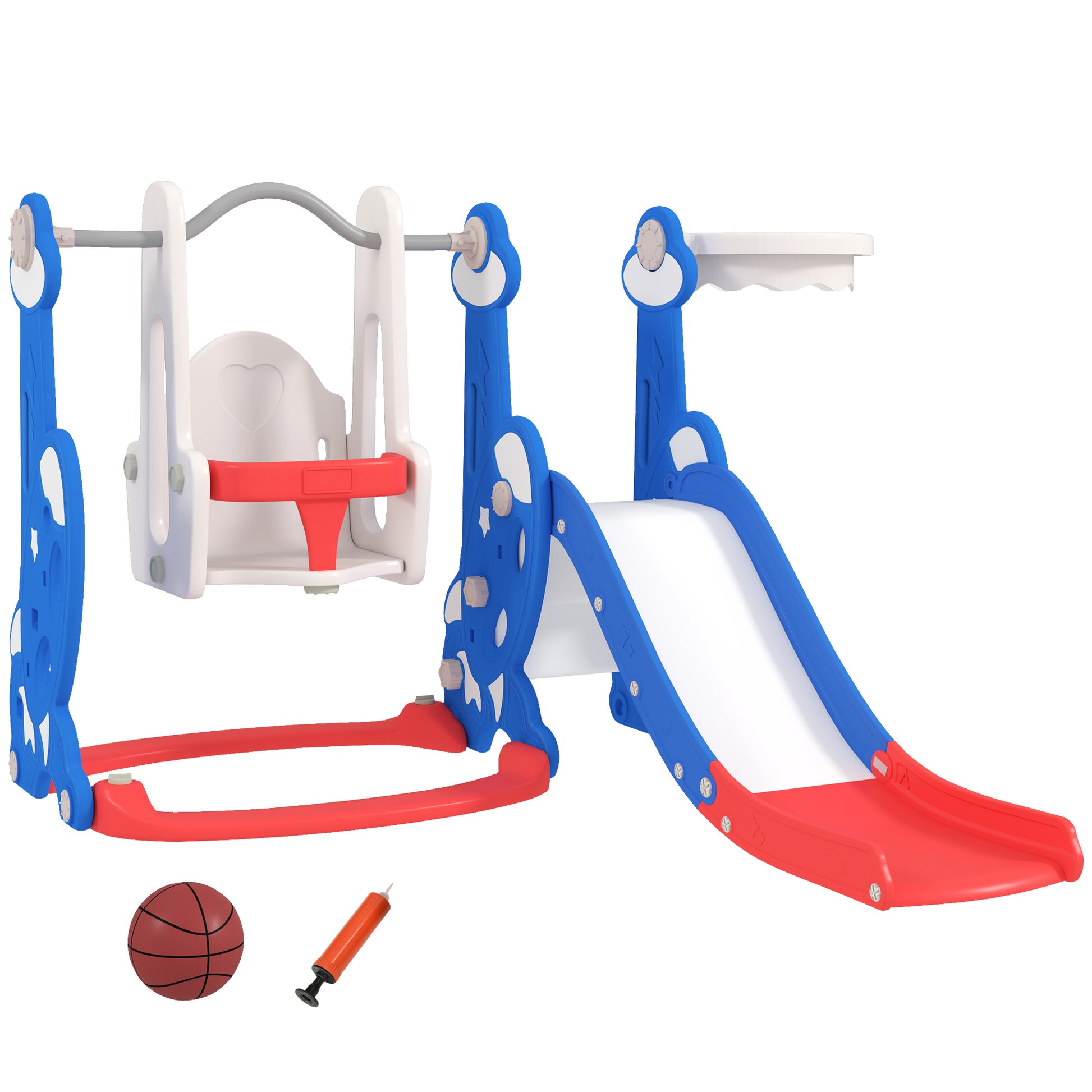 Kids Slide 4 in 1 Indoor Playground with Swing and Slide Climber Basketball Hoop Rocket Theme Multicolor