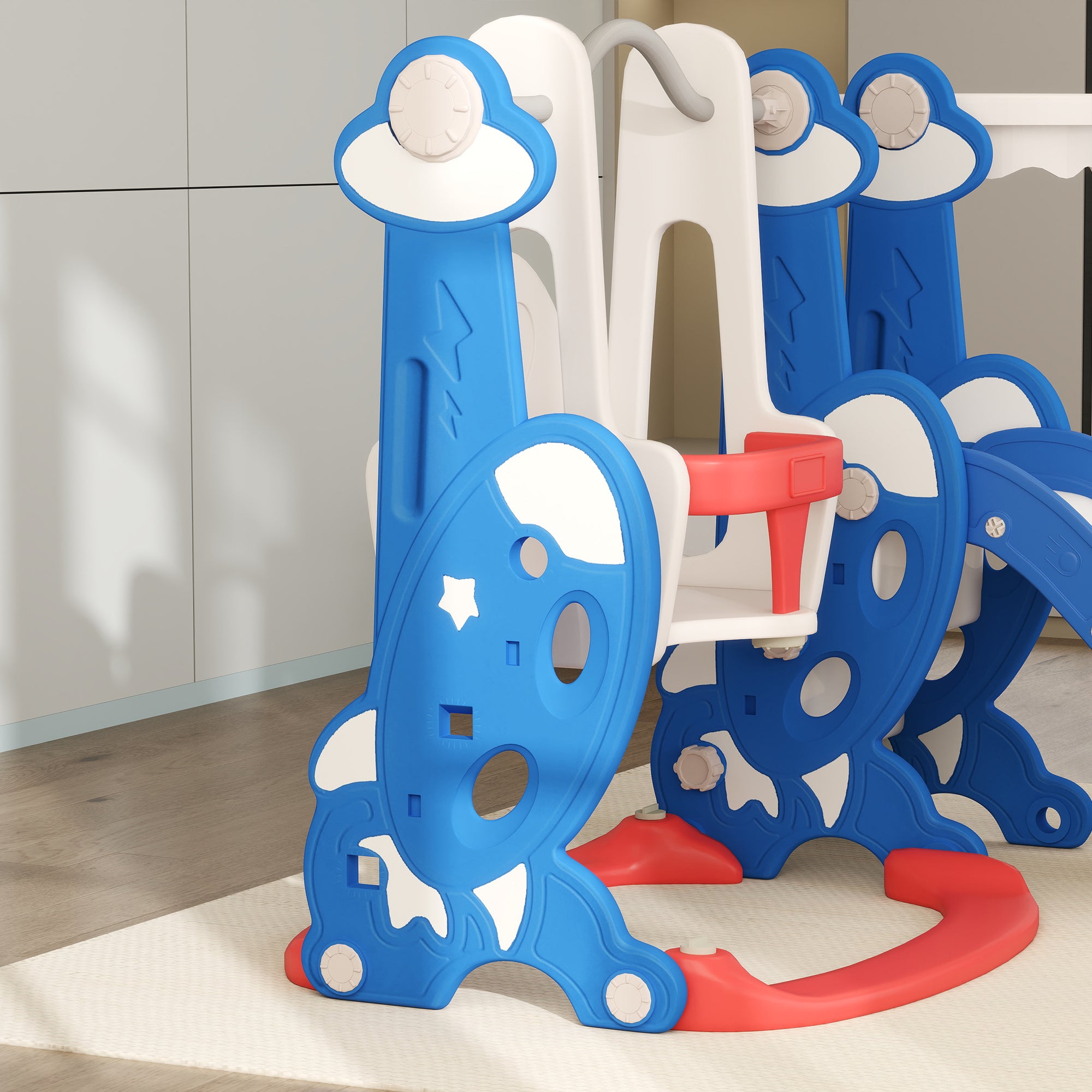 Kids Slide 4 in 1 Indoor Playground with Swing and Slide Climber Basketball Hoop Rocket Theme Multicolor
