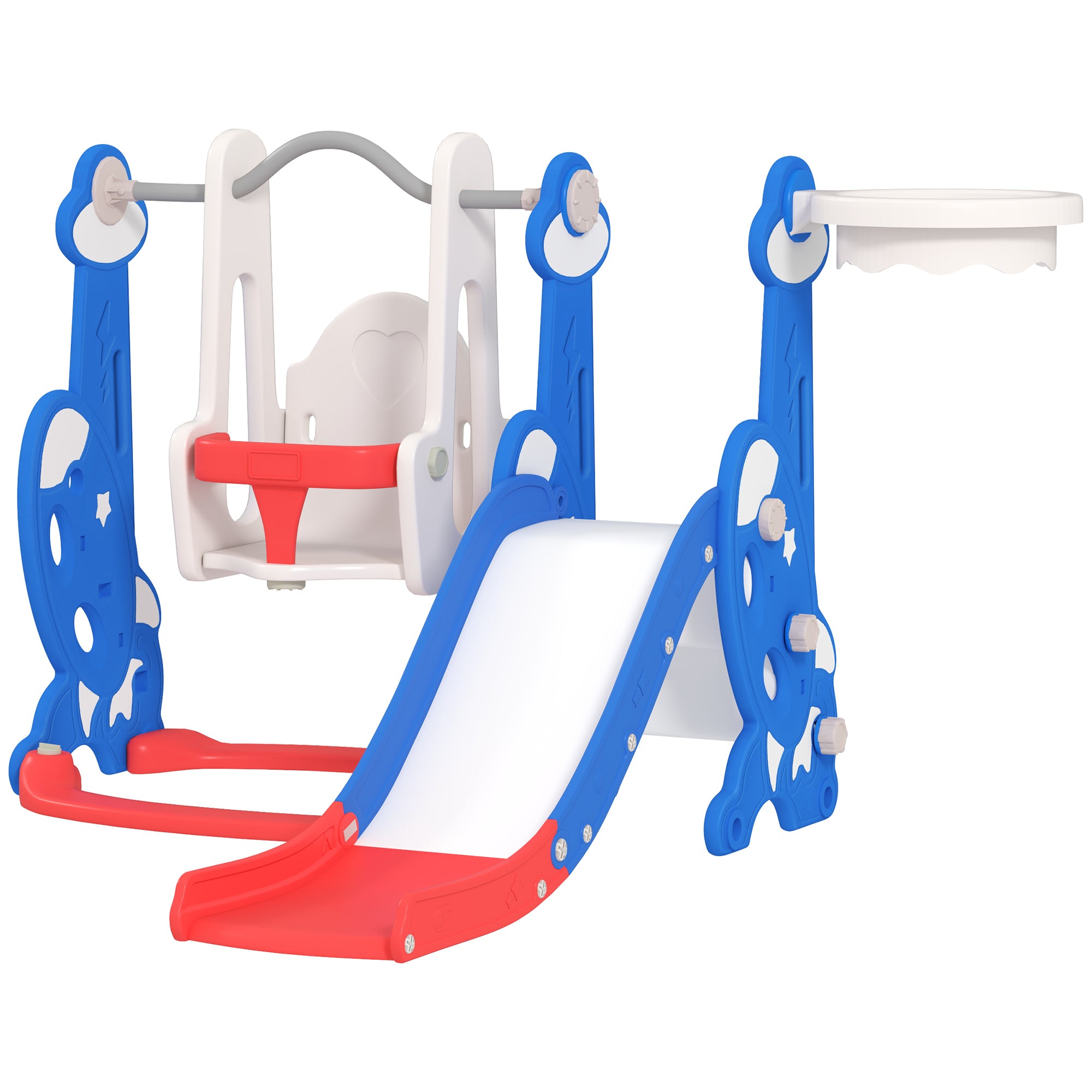 Kids Slide 4 in 1 Indoor Playground with Swing and Slide Climber Basketball Hoop Rocket Theme Multicolor