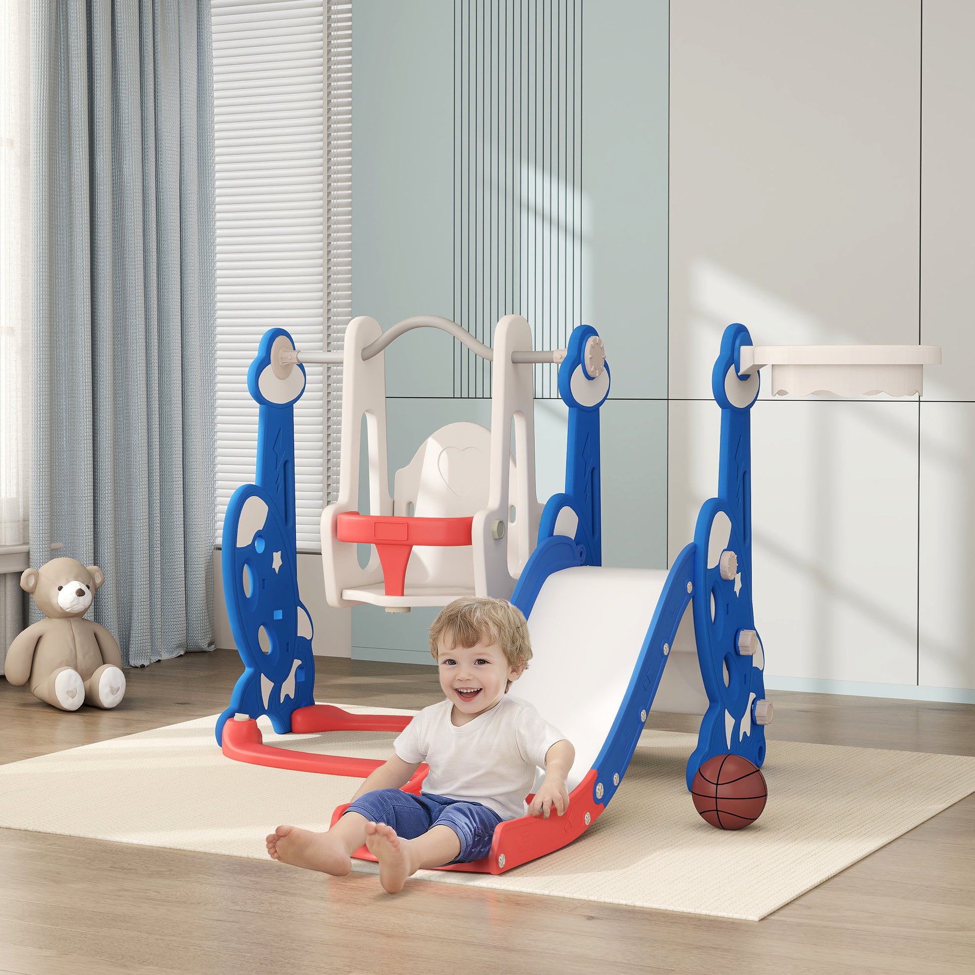 Kids Slide 4 in 1 Indoor Playground with Swing and Slide Climber Basketball Hoop Rocket Theme Multicolor