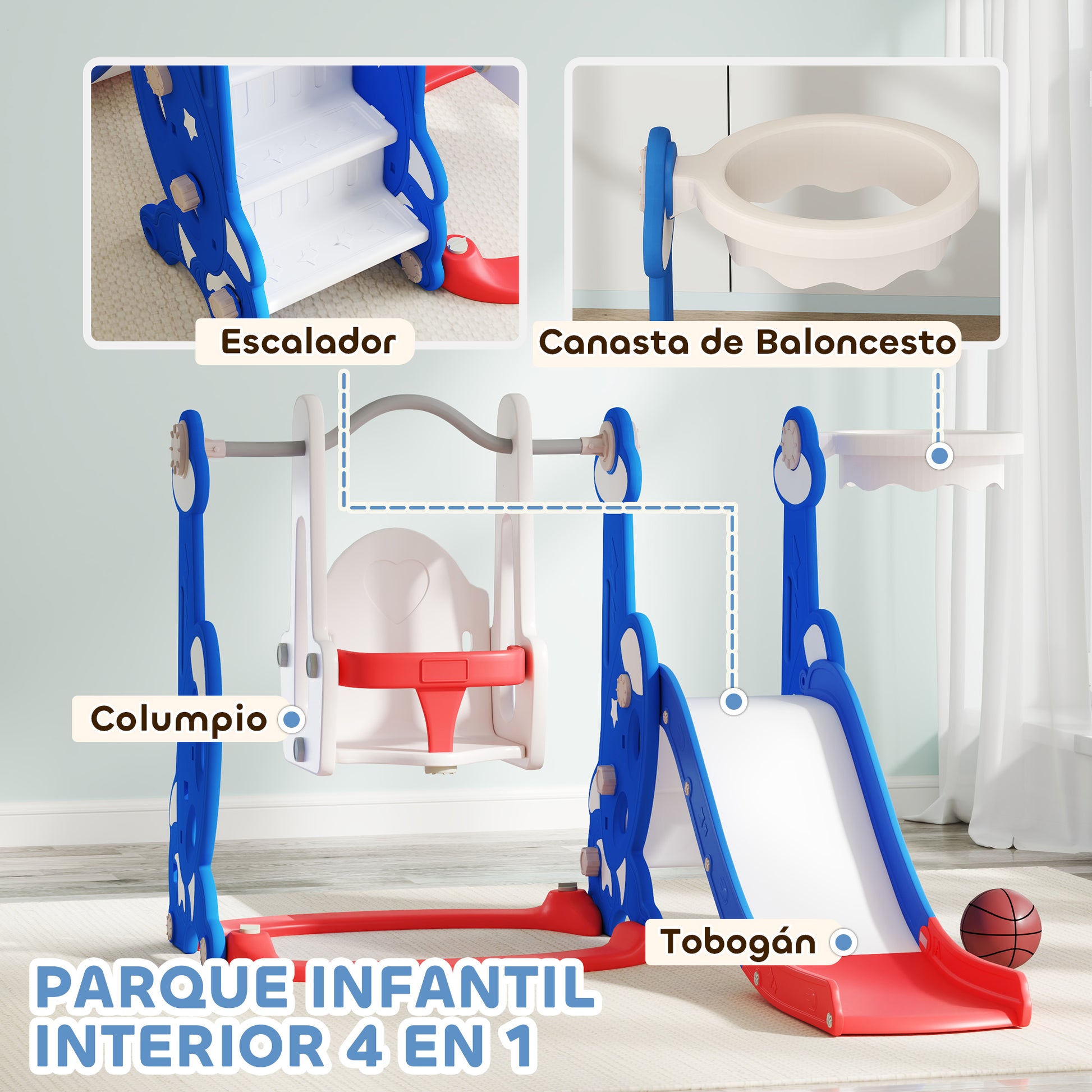 Kids Slide 4 in 1 Indoor Playground with Swing and Slide Climber Basketball Hoop Rocket Theme Multicolor