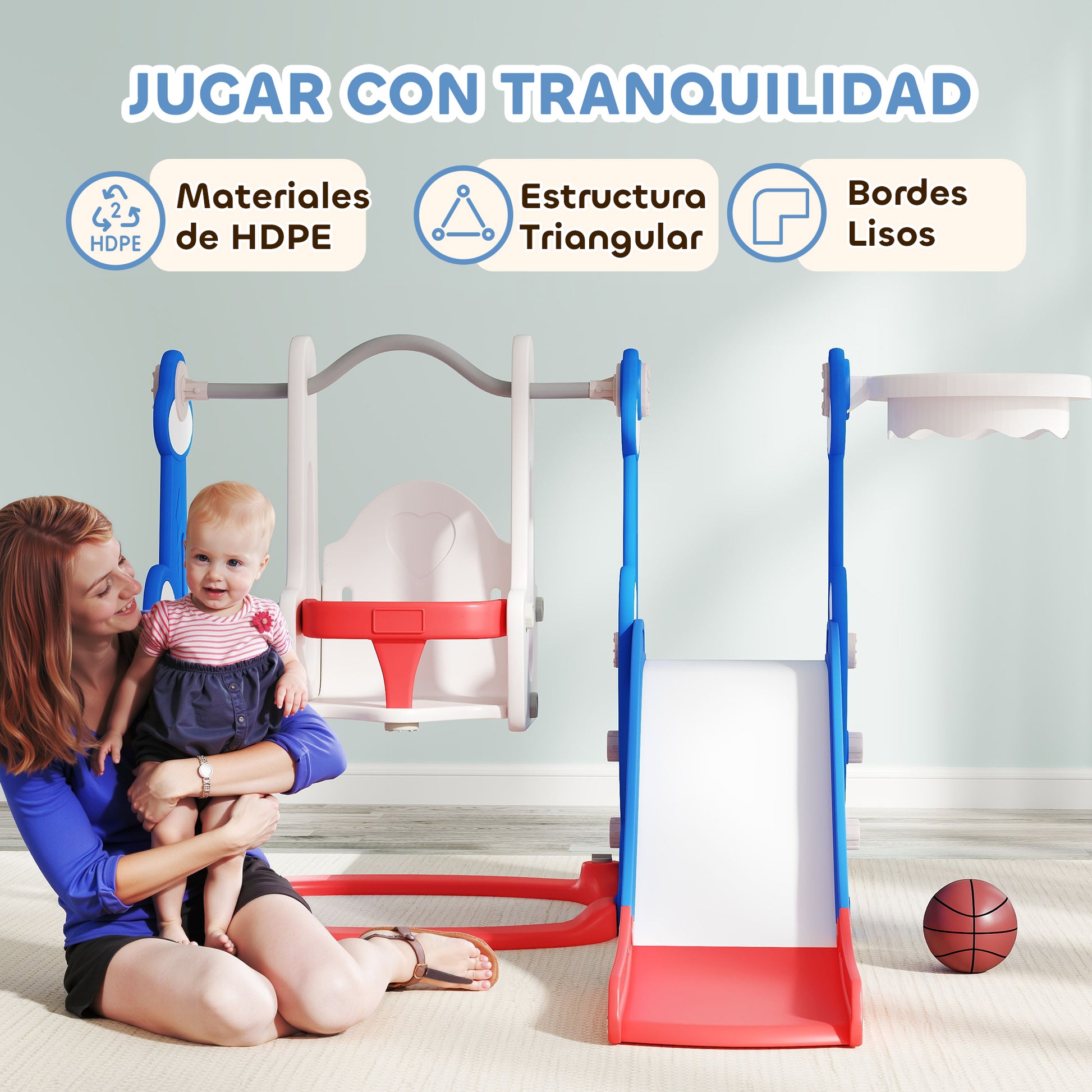 Kids Slide 4 in 1 Indoor Playground with Swing and Slide Climber Basketball Hoop Rocket Theme Multicolor