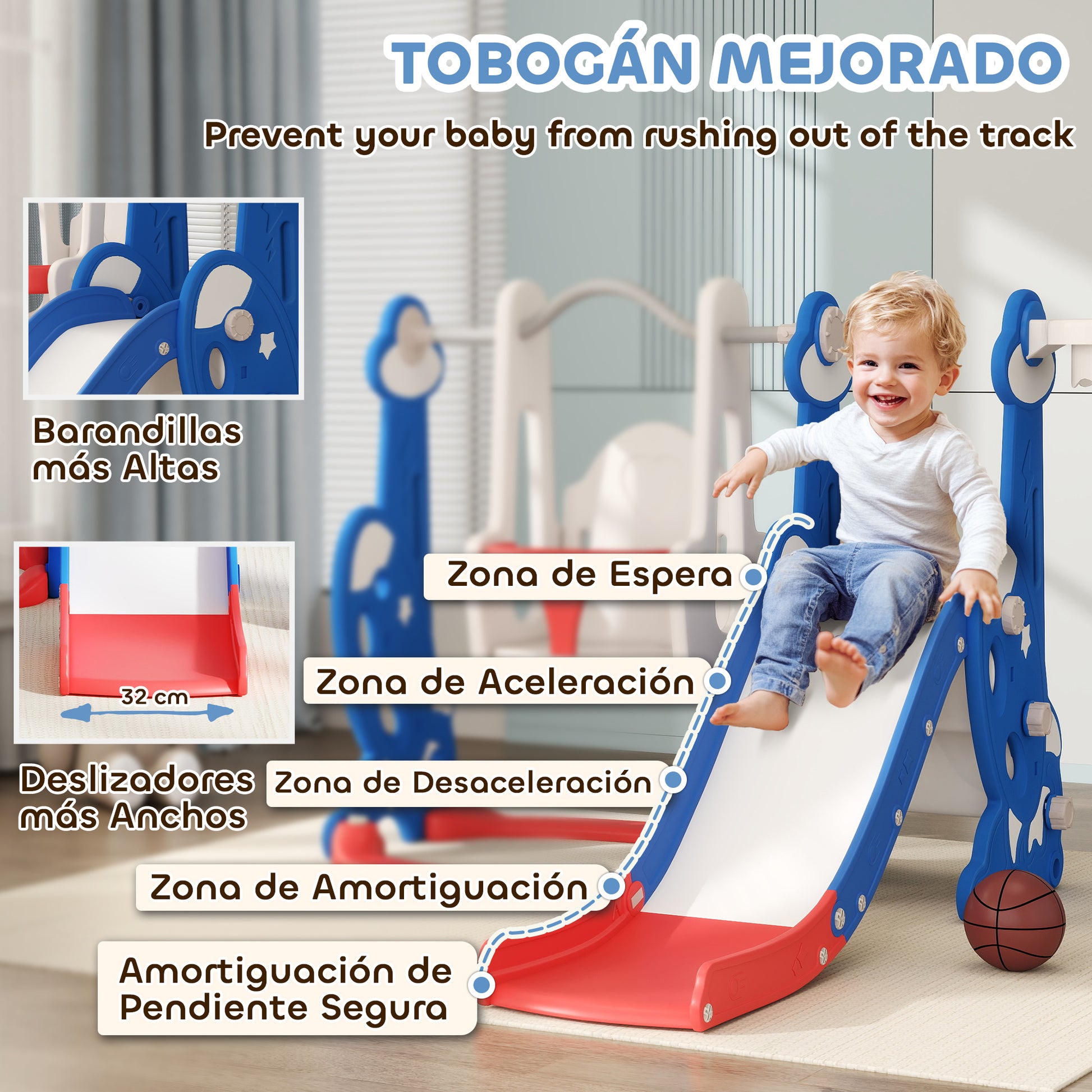 Kids Slide 4 in 1 Indoor Playground with Swing and Slide Climber Basketball Hoop Rocket Theme Multicolor