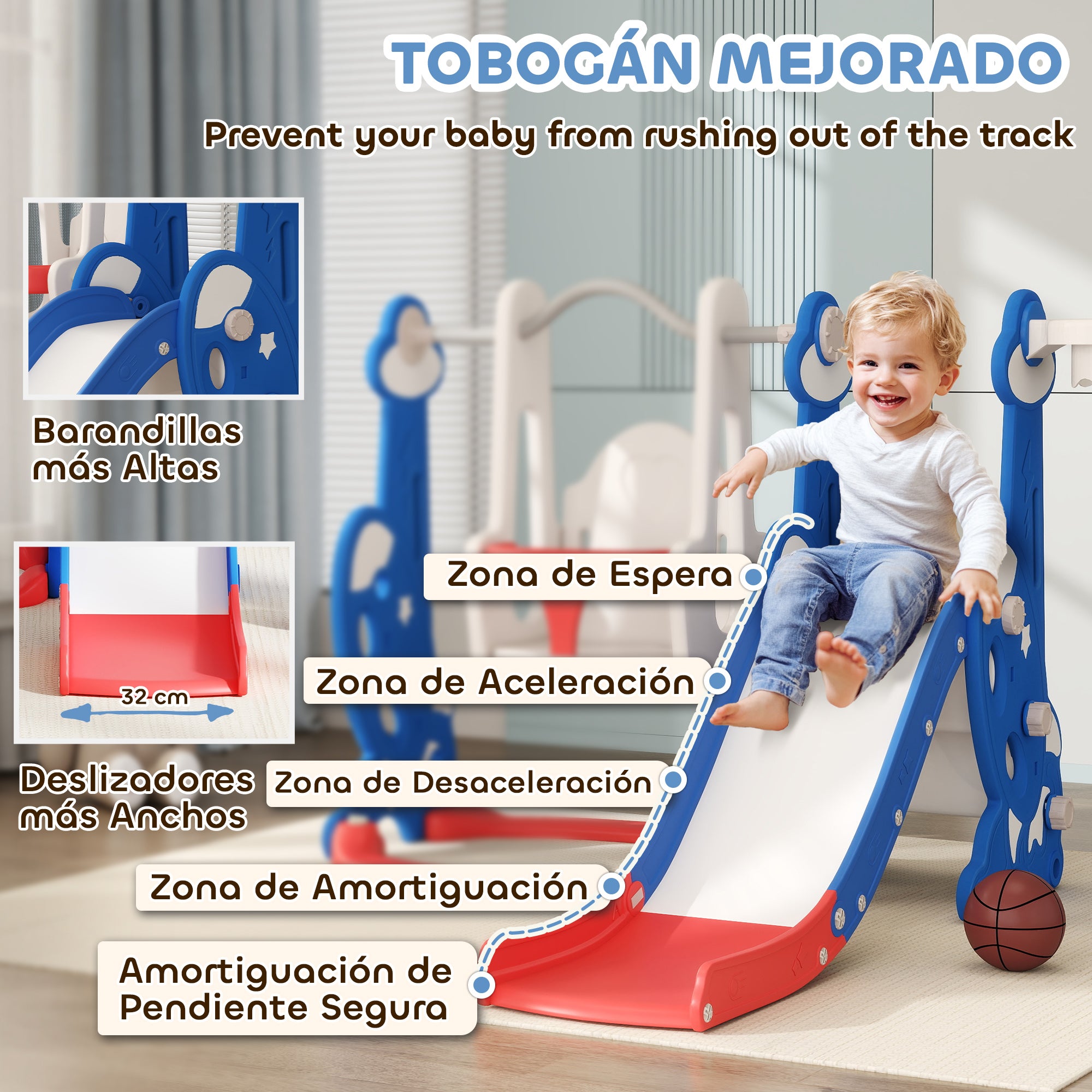 Kids Slide 4 in 1 Indoor Playground with Swing and Slide Climber Basketball Hoop Rocket Theme Multicolor