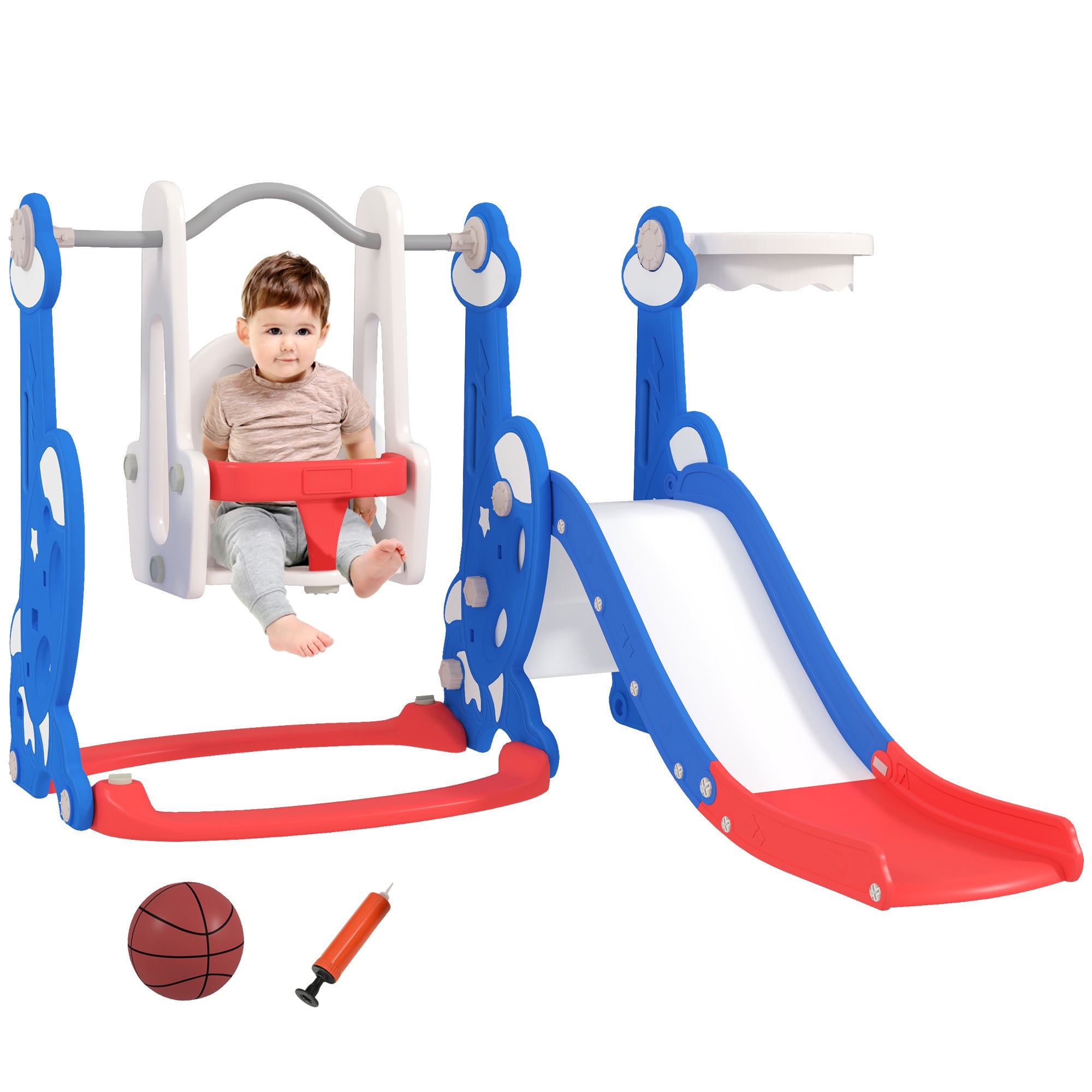 Kids Slide 4 in 1 Indoor Playground with Swing and Slide Climber Basketball Hoop Rocket Theme Multicolor