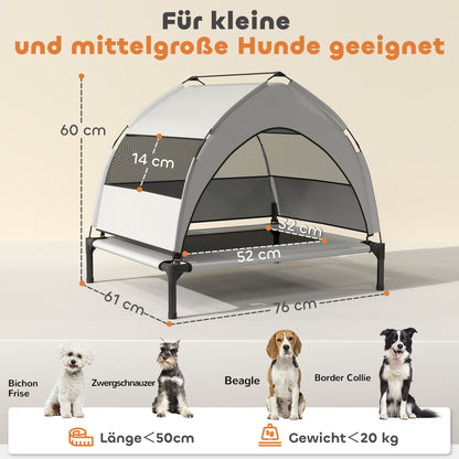 Elevated Outdoor Dog Bed with Canopy — Cooling Pet Lounger for Small to Medium Dogs, Steel Frame, Storage Bag, 30 x 24 x 24 in (Light Gray)