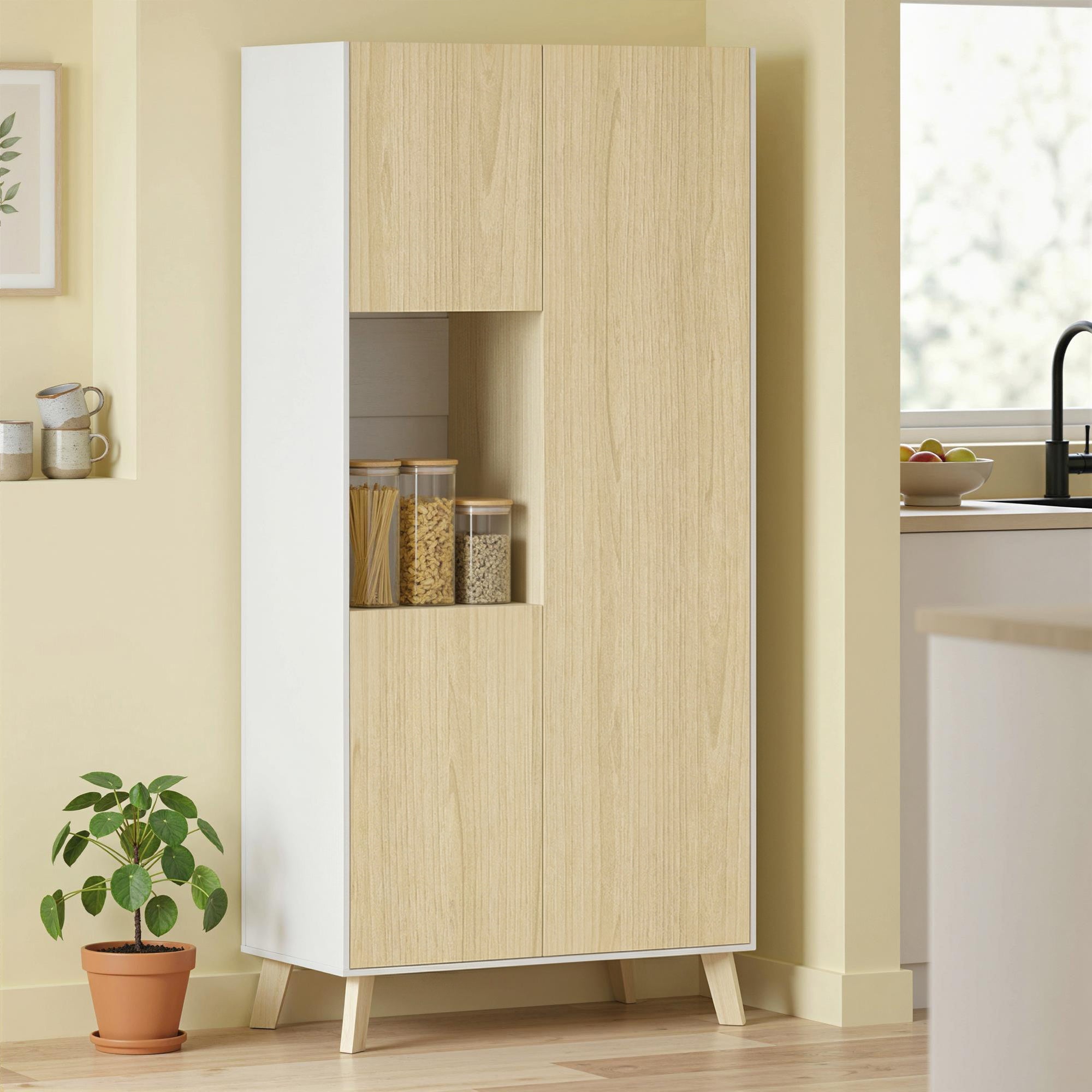 Tall Pantry Cabinet with Open Compartment, 3 Doors, Adjustable Shelves — Modern Kitchen Storage, Natural/White, 31.5 x 15.7 x 66.9 in