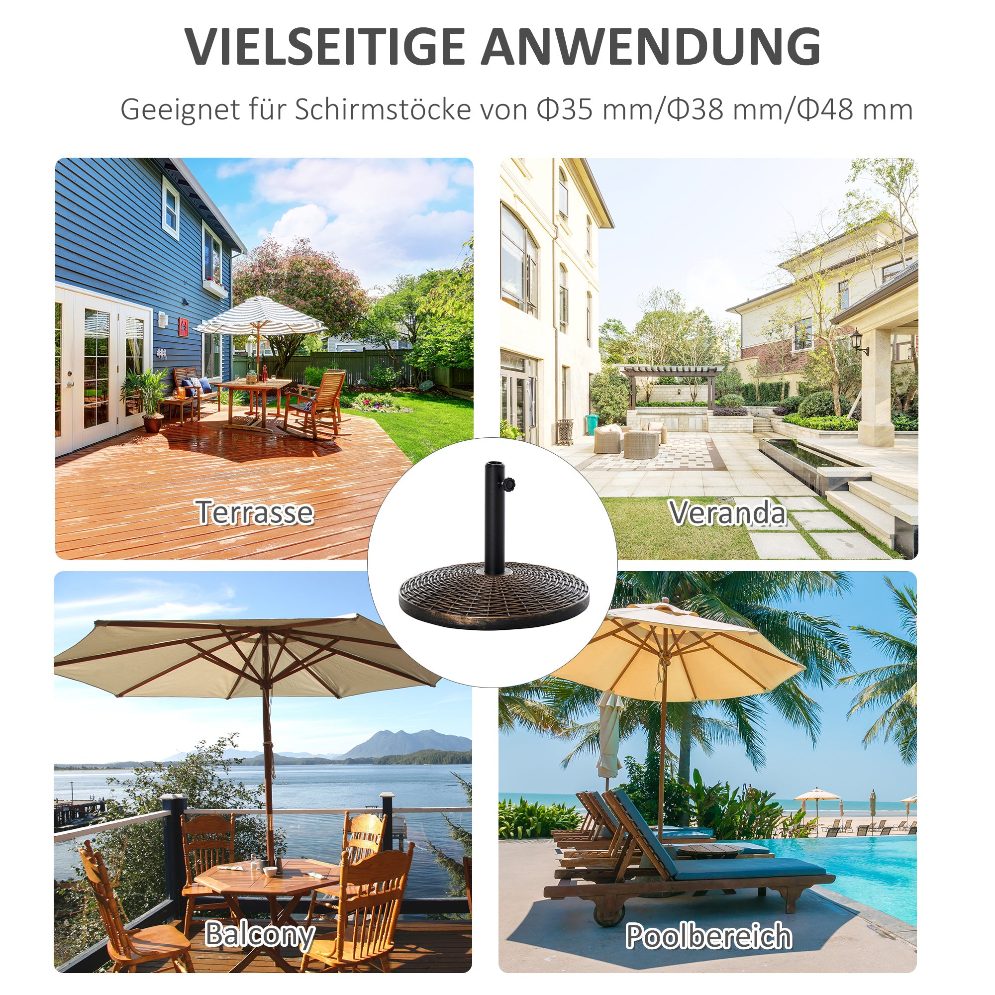 Sun Umbrella Stand Umbrella Holder Stand Base 25 kg Rattan Look Basket Stand Umbrella Ø35/Ø38/Ø48 mm Plastic + Cement Antique Bronze Ø53 x 40 cm