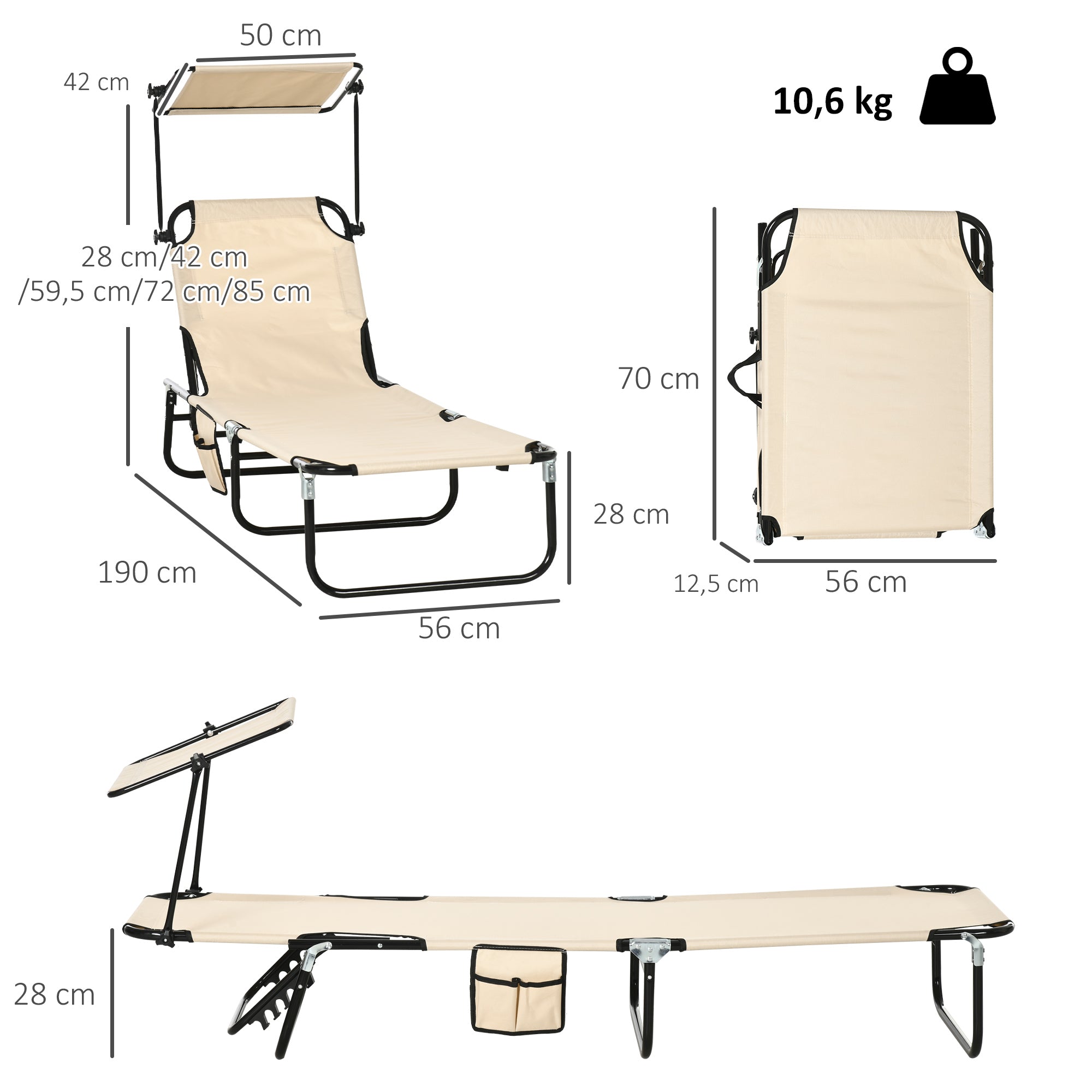 2-Pack Folding Sun Loungers with Canopy — 5-Position Adjustable Backrest, 265 lb Capacity, Outdoor Pool & Beach Chairs, Brown