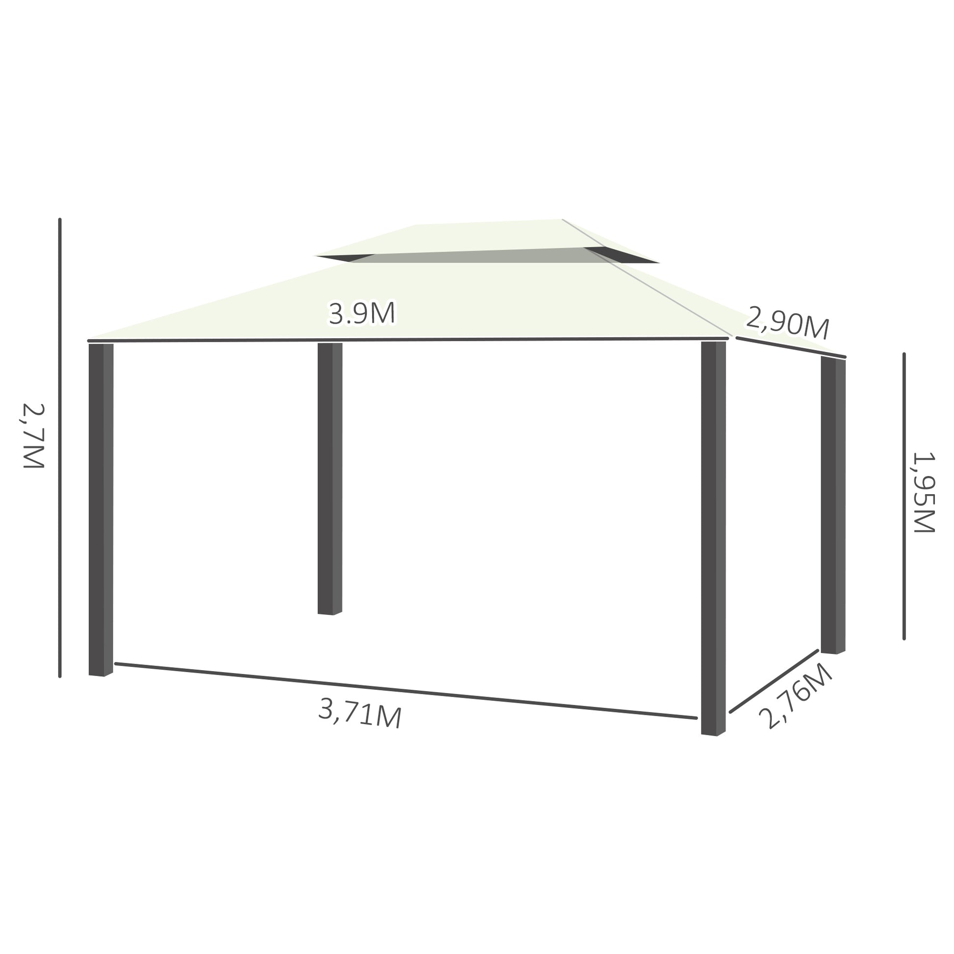 Garden Pavilion Gazebo Garden Tent Marquee Party Tent with 4 x Side Wall Weatherproof Aluminium Polyester Cream White 3.9 x 2.9 x 2.7 m