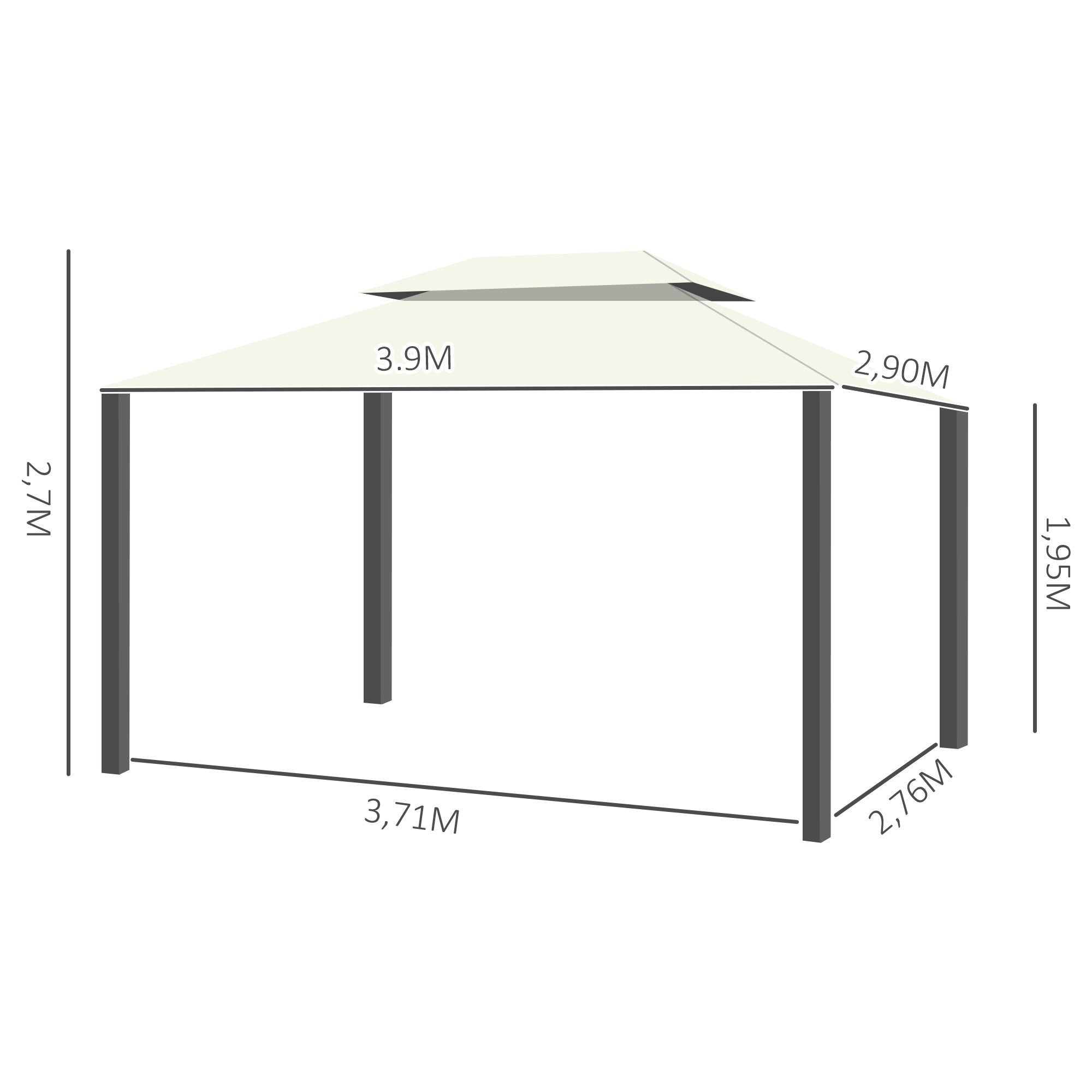 Garden Pavilion Gazebo Garden Tent Marquee Party Tent with 4 x Side Wall Weatherproof Aluminium Polyester Cream White 3.9 x 2.9 x 2.7 m