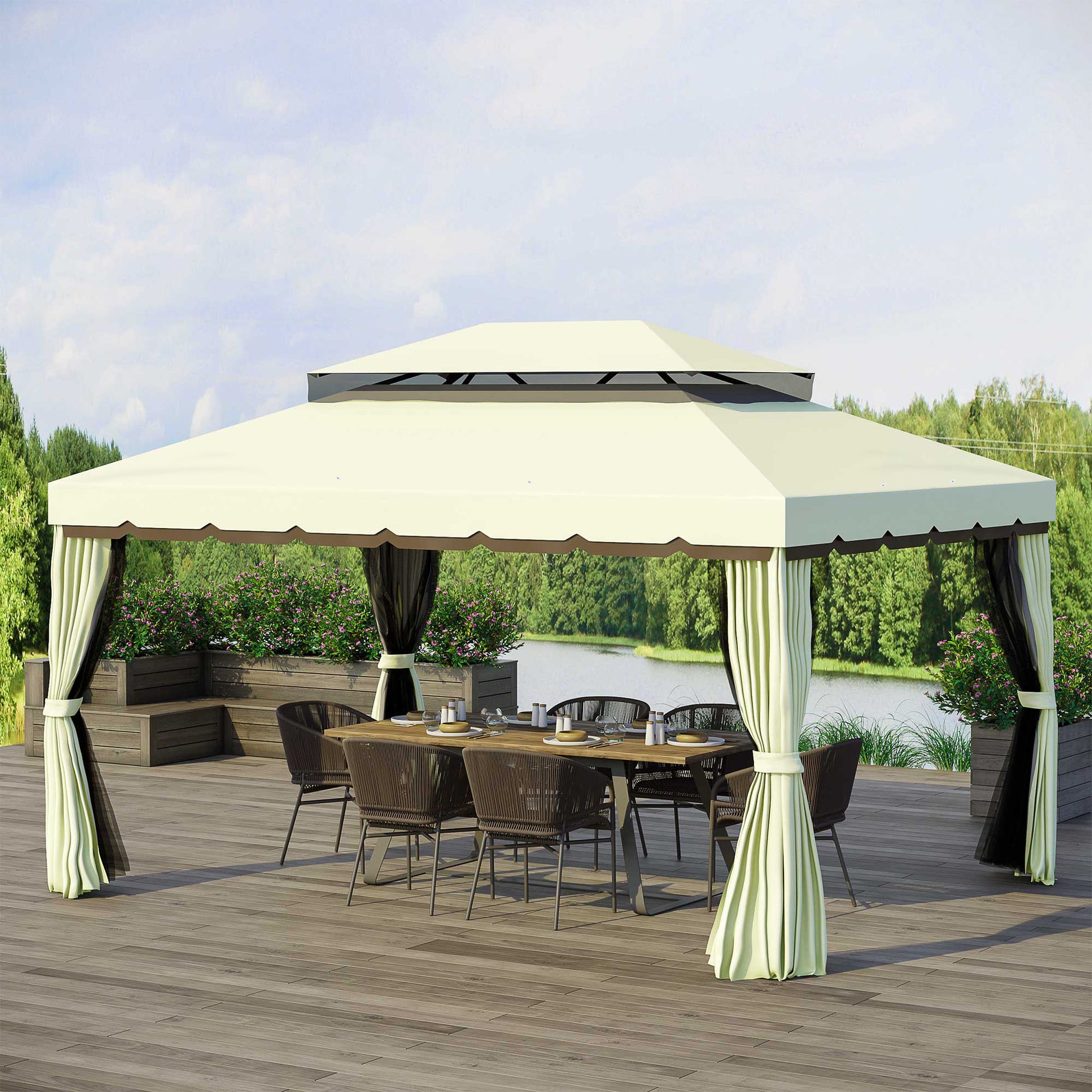 Garden Pavilion Gazebo Garden Tent Marquee Party Tent with 4 x Side Wall Weatherproof Aluminium Polyester Cream White 3.9 x 2.9 x 2.7 m