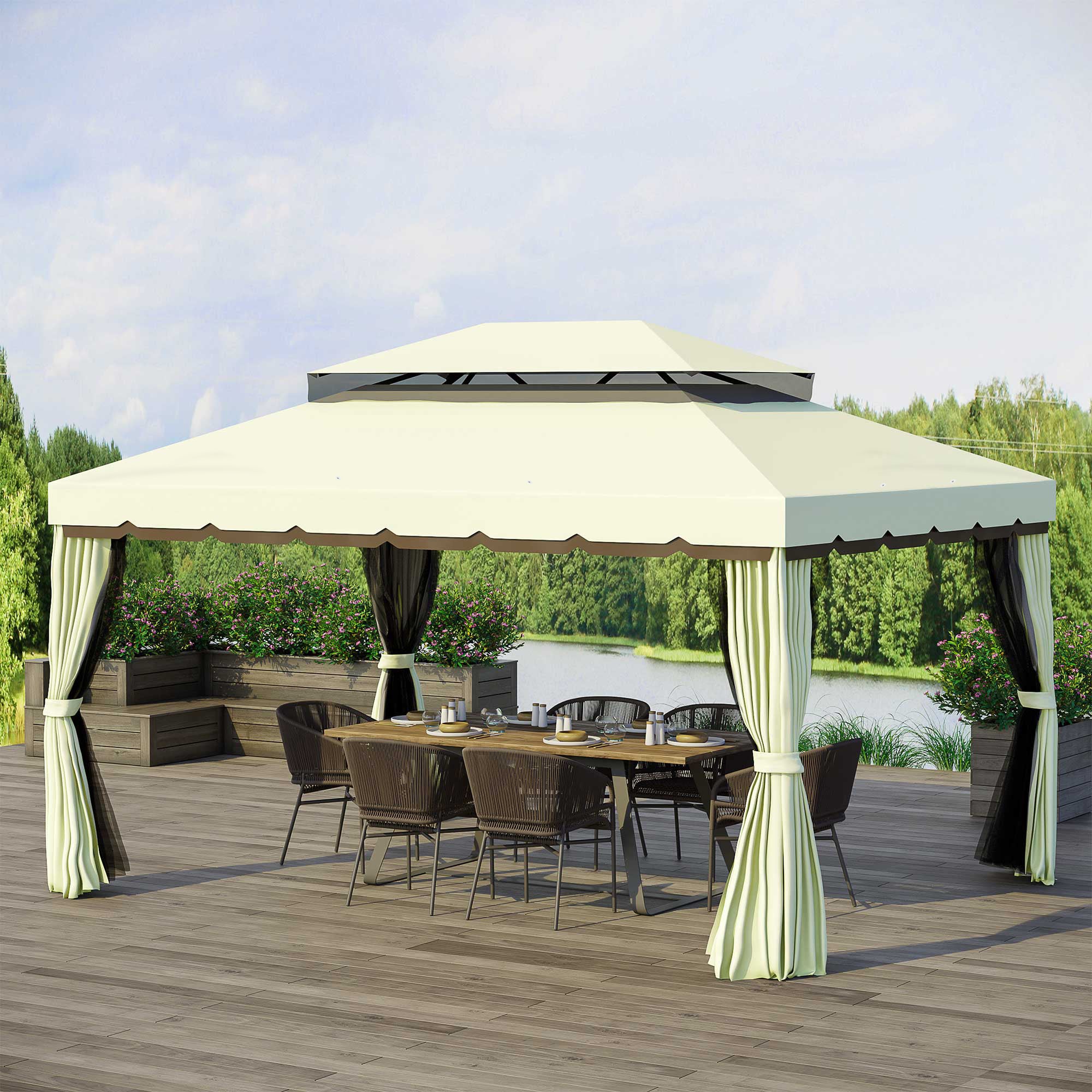 Garden Pavilion Gazebo Garden Tent Marquee Party Tent with 4 x Side Wall Weatherproof Aluminium Polyester Cream White 3.9 x 2.9 x 2.7 m