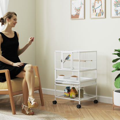 Bird Cage Large Birdcage with Wheels Acrylic Panels Feeders Perches Shelf Removable Trays Birdhouse for Parrots Canaries 48x46x83 cm White