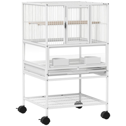 Bird Cage Large Birdcage with Wheels Acrylic Panels Feeders Perches Shelf Removable Trays Birdhouse for Parrots Canaries 48x46x83 cm White