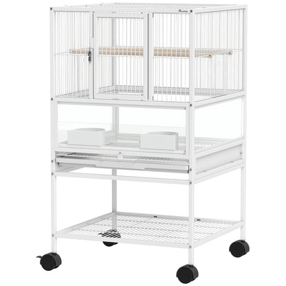 Bird Cage Large Birdcage with Wheels Acrylic Panels Feeders Perches Shelf Removable Trays Birdhouse for Parrots Canaries 48x46x83 cm White