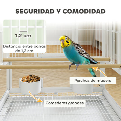 Bird Cage Large Birdcage with Wheels Acrylic Panels Feeders Perches Shelf Removable Trays Birdhouse for Parrots Canaries 48x46x83 cm White