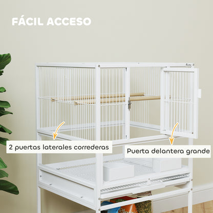 Bird Cage Large Birdcage with Wheels Acrylic Panels Feeders Perches Shelf Removable Trays Birdhouse for Parrots Canaries 48x46x83 cm White