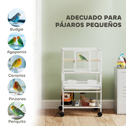 Bird Cage Large Birdcage with Wheels Acrylic Panels Feeders Perches Shelf Removable Trays Birdhouse for Parrots Canaries 48x46x83 cm White